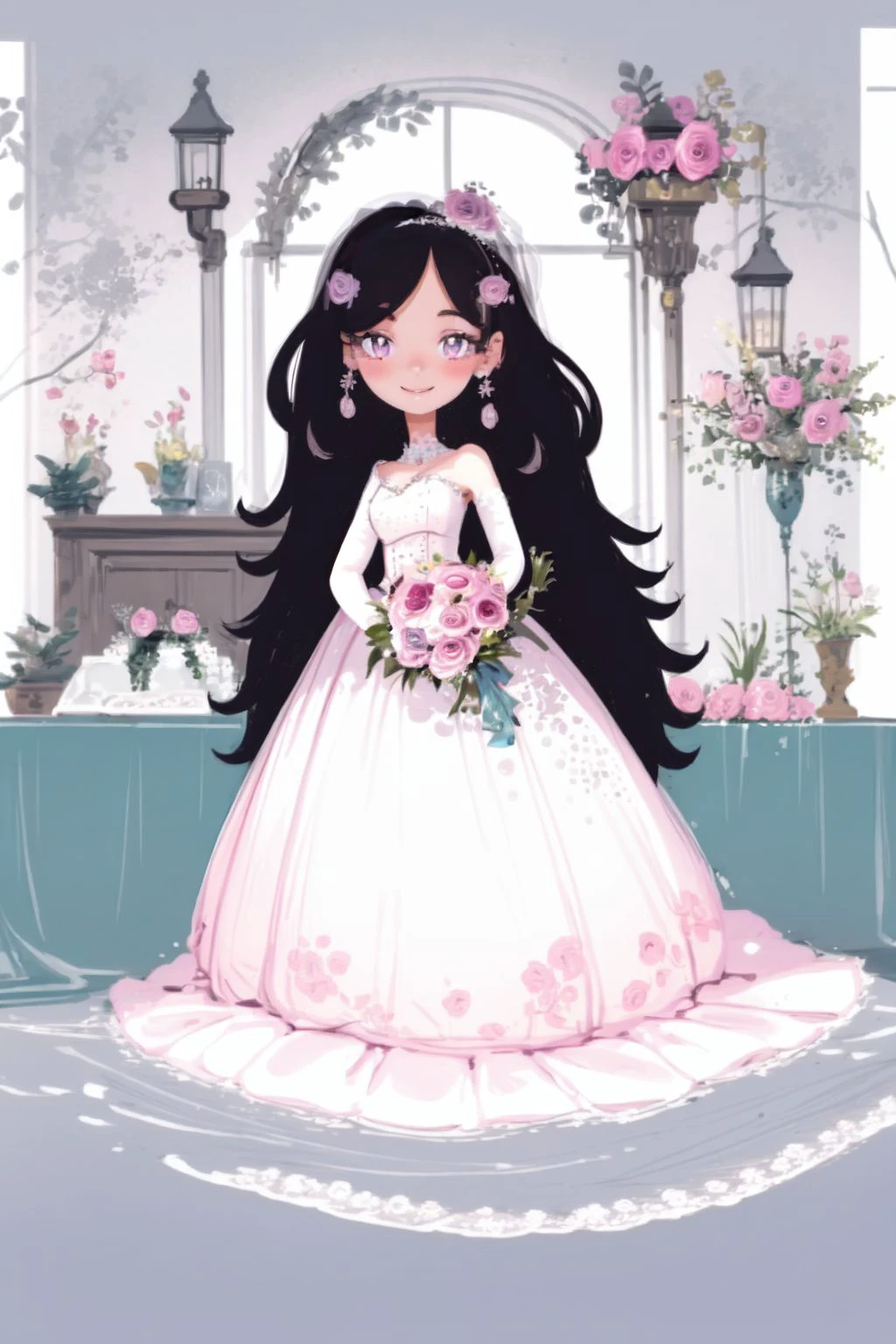 solo, 1girl, looking at viewer, smile, no light, Rose_Bridal_White \(flower\), floral background <lora:nursery_rhymes_style_v02.08:1>