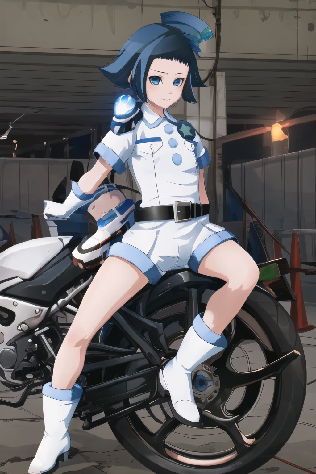 masterpiece, best quality, ultra-detailed, Sawai Riko, short hair, blue hair, blue eyes, white shirt, uniform, 3 blue buttons, police hat, white gloves, police star, black belt, white gloves, white shorts, police light bar, 1 girl, solo, white boots