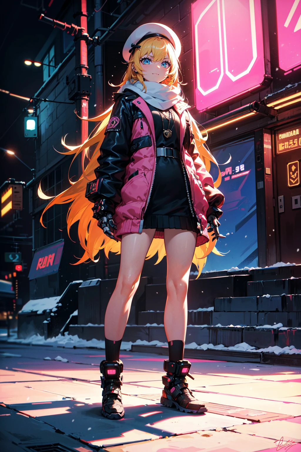 (best quality, masterpiece:1.1), (Intricate detailed:1.2), <lora:Better light:0.5>,  full body,     1girl, [angry face|smile face], golden hair, absurdly long hair, pointy hair, dreadlocks,  two side up,     (warm clothes, beret hat, scarf), a cup of hot chocolate BREAK ( lake of the isles in minneapolis, (winter day, snow, white particles, snowing), peaceful) in the background, ((punk, future, futuristic, mechanical, cyberpunk, neon, pink neon light, mechanical parts, intricate machines:1.2), )