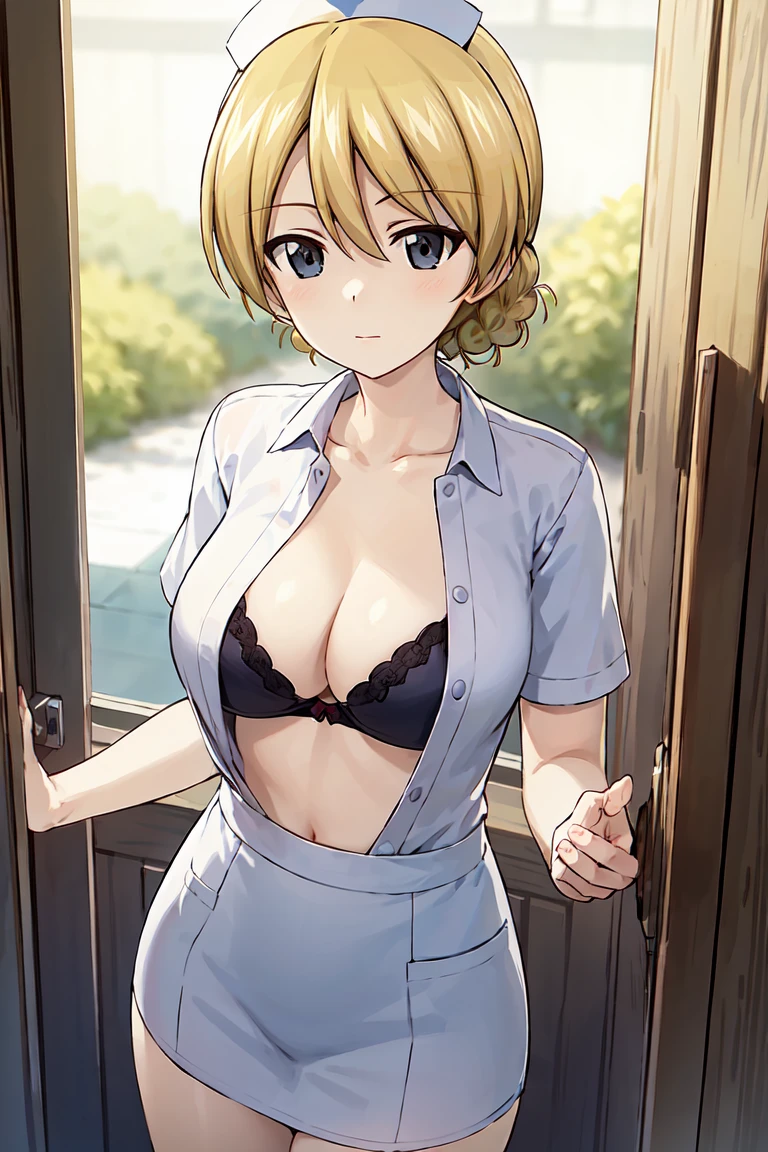 masterpiece, best quality,1girl, solo,darjeeling \(girls und panzer\),looking at viewer,blush, expressionless, (white nurse unifrom), revealing clothes, bra, standing, cowboy shot, indoors, hospital scenery <lora:Darjeeling:0.5>