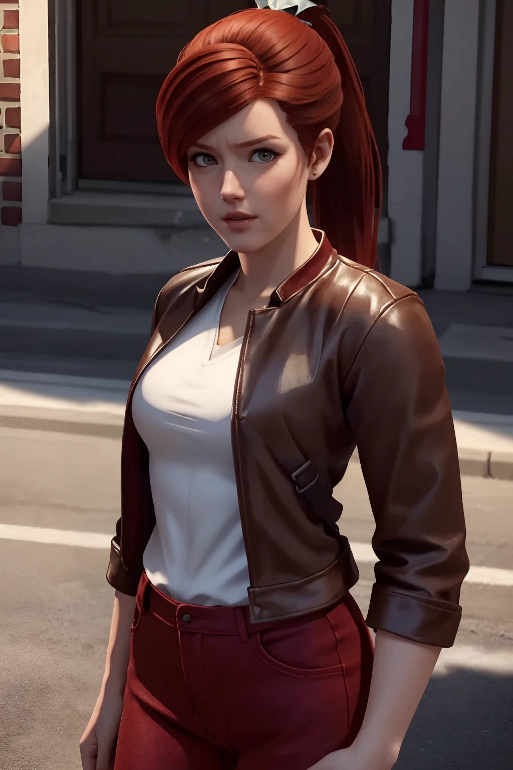 3d, CGI, Render, realistic, realism, photo-realistic, high contrast, (photorealistic:1.4), (perfect female figure), 8k high definition detailed realistic, (best quality, masterpiece:1.2), physically-based rendering, best quality, highly detailed, 1girl, , redhead hair, ponytail, wearing a red jacket and denim pants, looking at viewer, outdoors <lora:MaryJane1-000010:.7><lora:owstyle resized:.8>