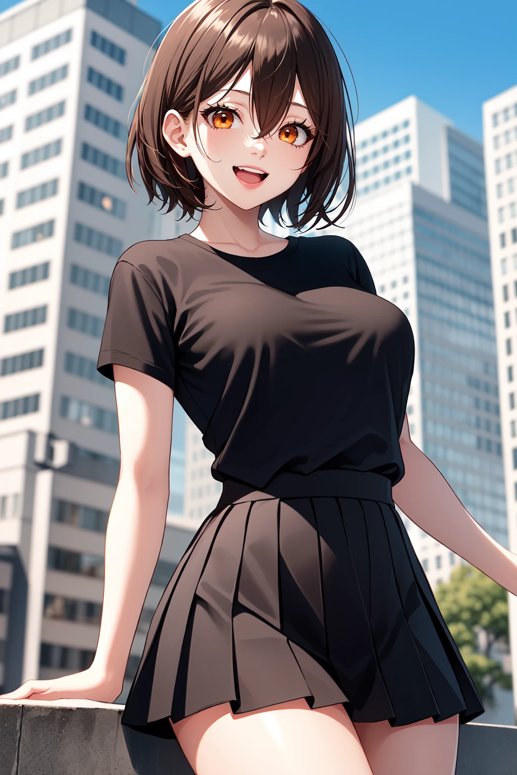 Aile_megamanzx, 1 girl, looking at viewer, Brown hair, green eyes ,City background , Blushed, Wet Vagina, no bra under dress, no panties under dress