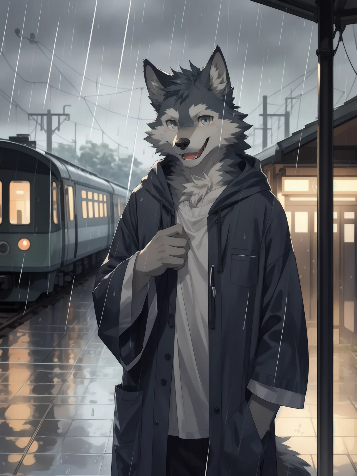 masterpiece, best quality, perfect anatomy, bright eyes, watery eyes, kemono, furry, wolf, (felis:0.25), male, solo, baggy clothing, (open smile:1.1), gentle, looking at viewer, train station, rain, (waterdrop:0.9), grey sky, raining, (fog:0.4), detailed eyes