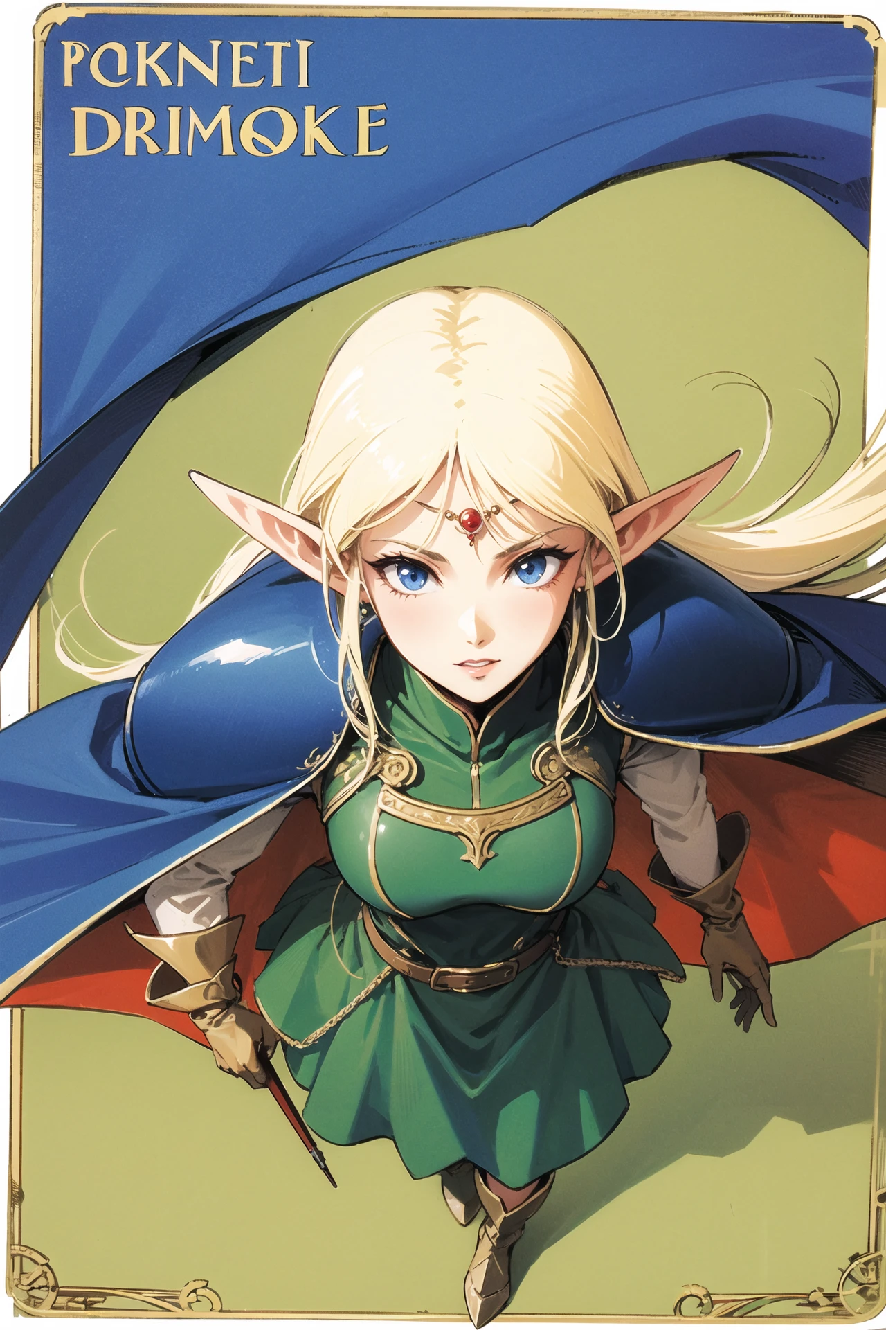 vox machina style,1girl, arm behind back, armor, belt, between breasts, blonde hair, blue eyes, breasts, brooch, brown cape, cape, circlet, earrings, elf, forehead jewel, gloves, green gloves, green tunic, jewelry, lips, long hair, long pointy ears, looking at viewer, medium breasts, multiple belts, nose, portrait, pauldrons, pointy ears, sheath, sheathed, shoulder armor, solo, strap between breasts, sword, unfinished, weapon, wind
, ((masterpiece))
<lora:vox_machina_style2:1.1>