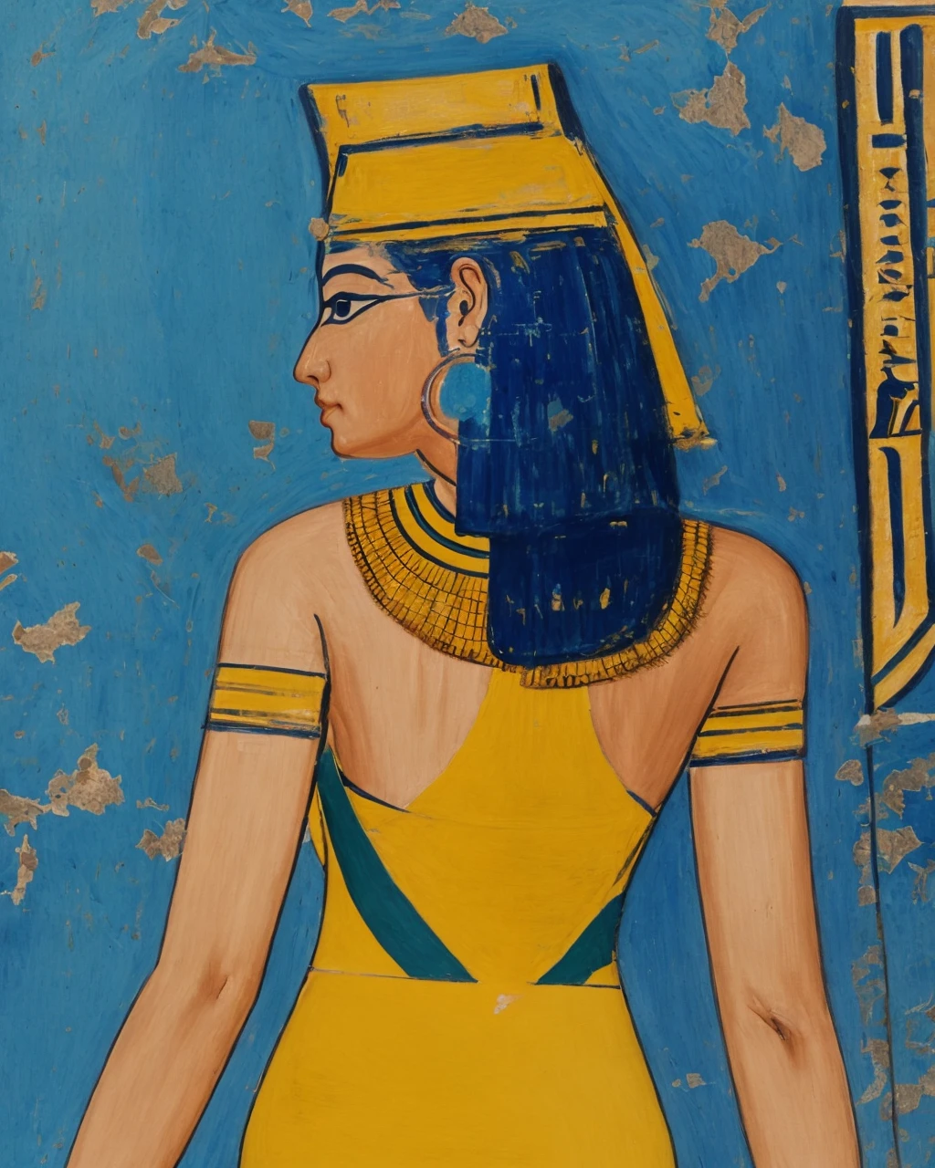best quality,masterpiece,highly detailed,ultra-detailed, <lora:neg4all_bdsqlsz_V3.5:-1> <lora:egypt:1>1girl, egypt, from behind, full body, jewelry, profile, short sleeves, solo, traditional media, yellow background