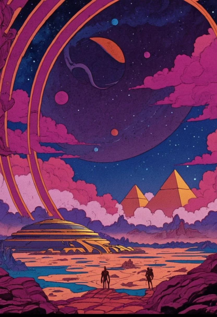 <lora:HeavyMetalStyle-000009:1>,Flat 2D Art,simple flat color,2-dimensional,heavymetalstyle,Flat 2D Art Style,(innovative, A gas giant with swirling, multicolored clouds, dotted with floating sky cities built by an advanced civilization., Alien Jungle, Time travel facility, basilisk, sphinx:1.1),