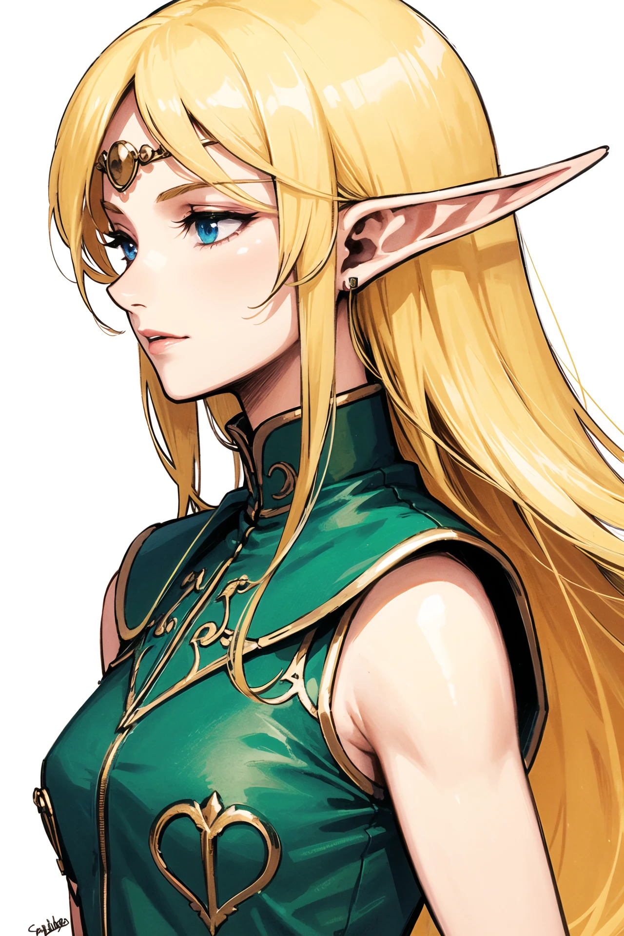 1girl, solo, pointy ears, blonde hair, elf, long hair, blue eyes, traditional media, signature, profile, white background, sleeveless, circlet, simple background, upper body, fingernails, <lora:Deedlit:0.9>