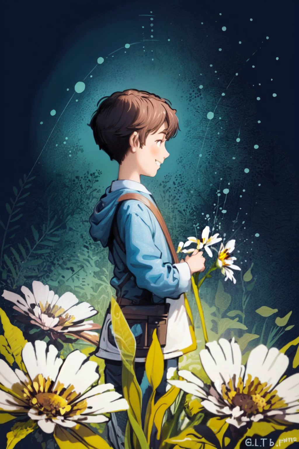 solo, 1boy, looking away, smile, glttering light, Nephrolepis \(flower\), floral background <lora:nursery_rhymes_style_v02.08:1>
