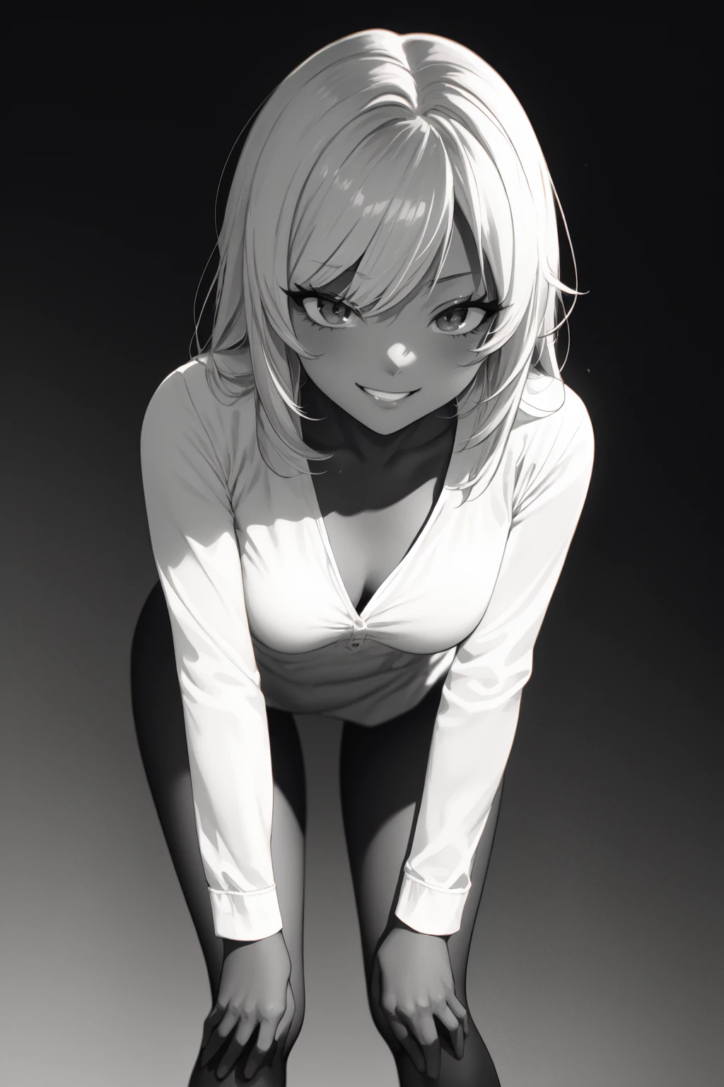 (tsurime:1.2), tsurime, 1girl, solo, breasts, gyaru, downblouse, long hair, blush, looking at viewer, dark-skinned female, wavy hair, dark skin, monochrome, hands on own knees, cleavage, simple background, leaning forward, bent over, gradient hair, greyscale, collarbone, long sleeves, small breasts, medium breasts, smile, white blouse, white hair, <lora:Tsurime:1>