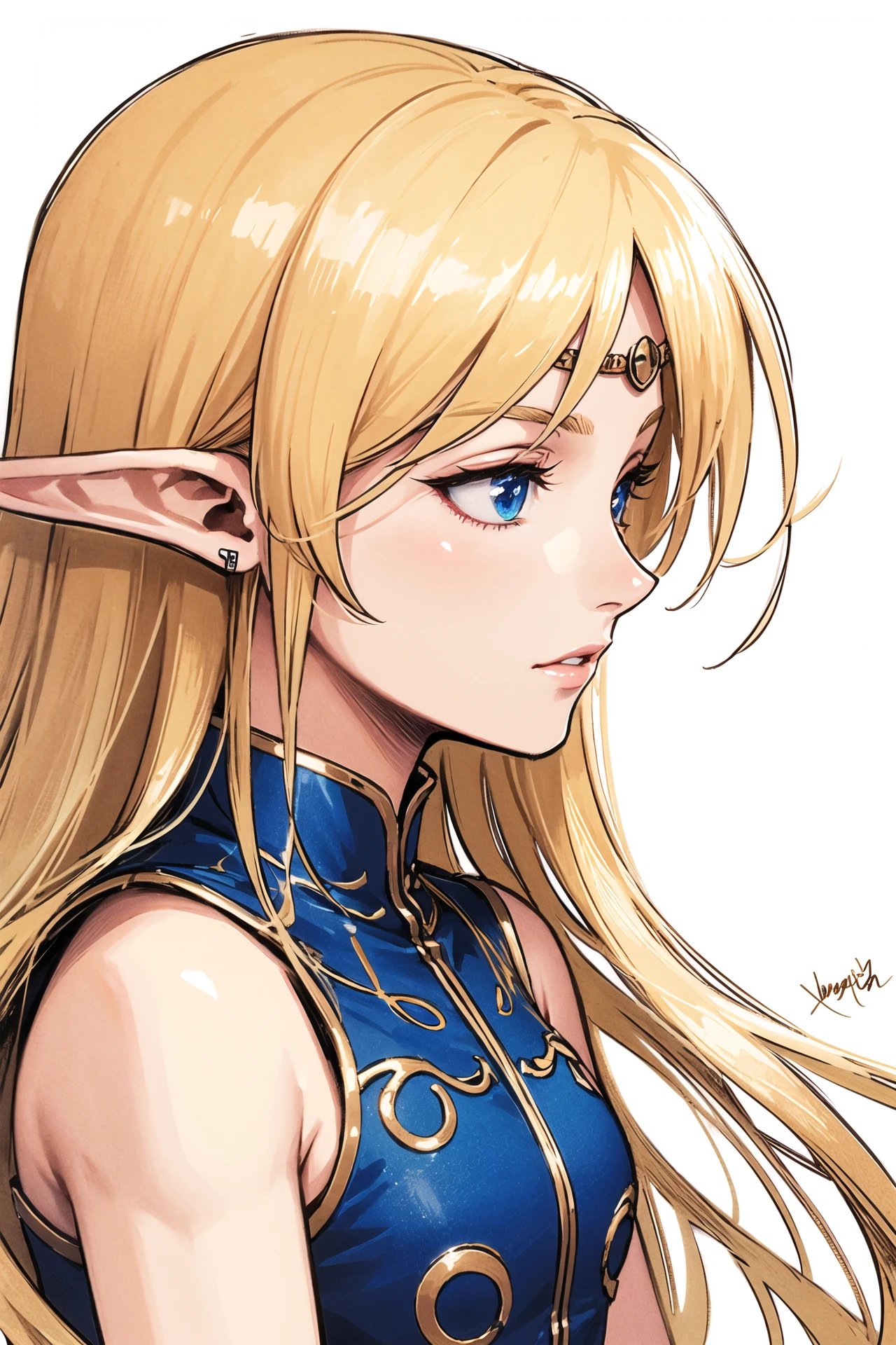 1girl, solo, pointy ears, blonde hair, elf, long hair, blue eyes, traditional media, signature, profile, white background, sleeveless, circlet, simple background, upper body, fingernails, <lora:Deedlit:0.9>