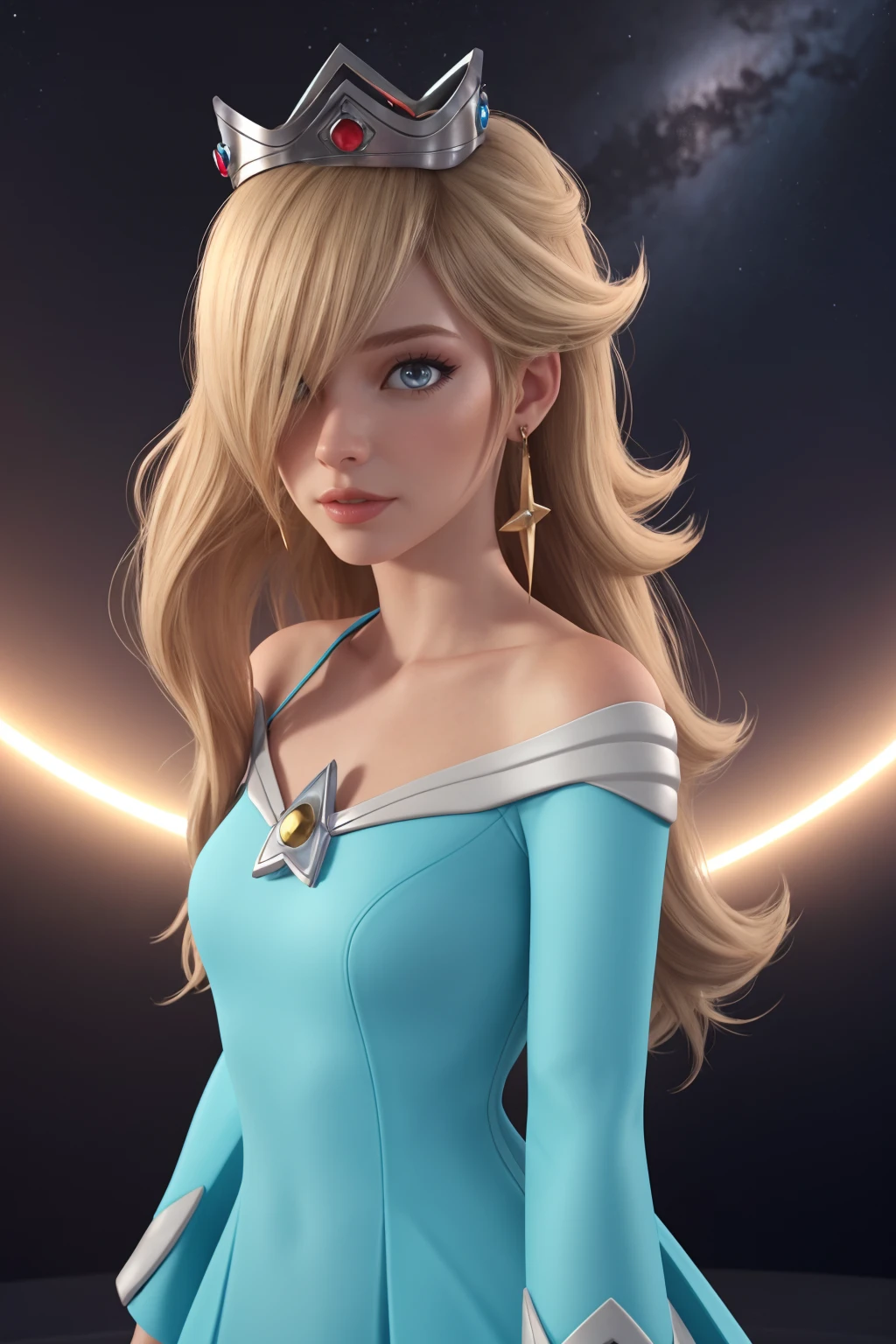 3D, CGI, 3D render , 1girl,standing,aqua dress, looking at viewer, close up, space background, crown, photography, blonde long hair, hair over eye, ow4style <lyco:ros1-000020_2:1> <lora:owstyle resized:.8>