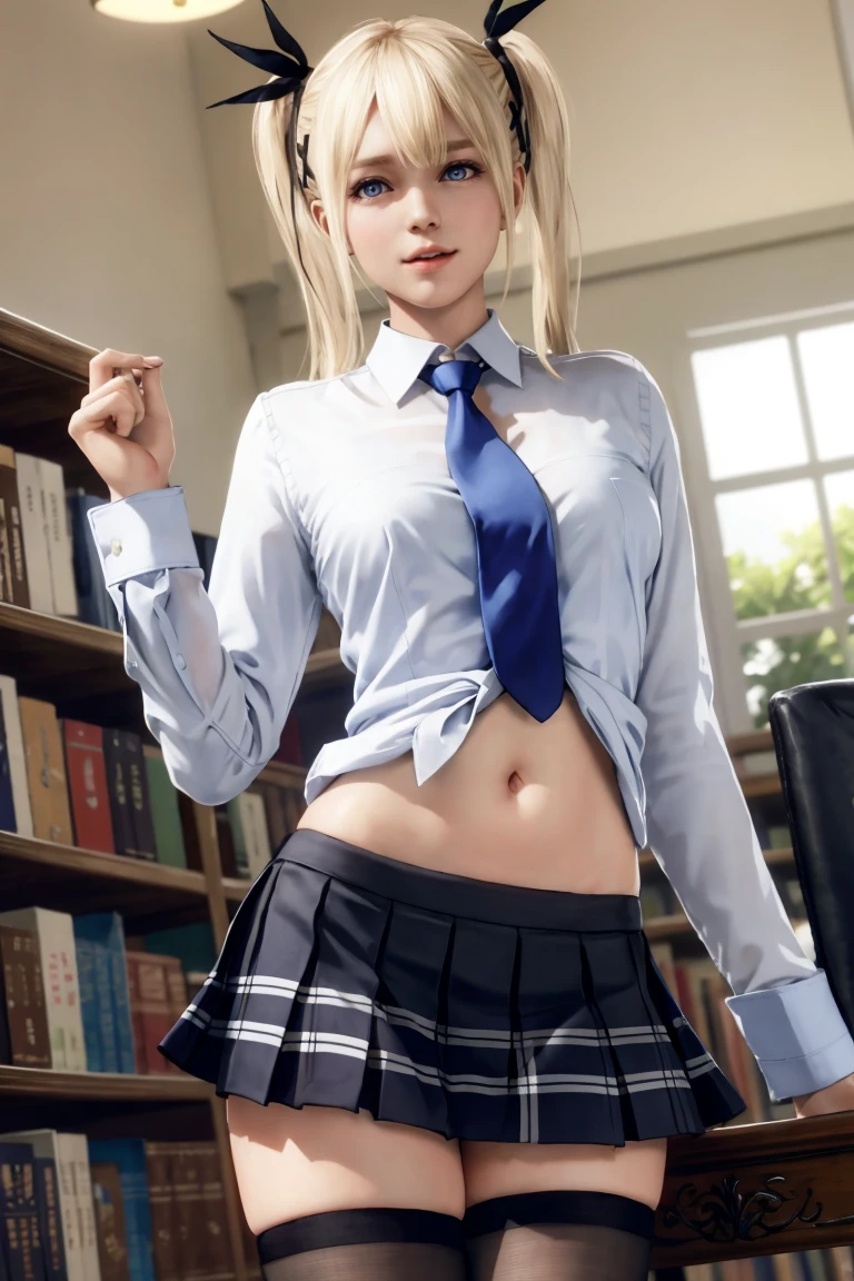 <lora:doa_marie_rose:0.7> marie rose, shirt, thin tie, skirt, library, thighhighs