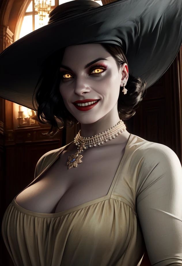 Alcina,yellow eyes,black hair,short hair, 
white dress with flower,hat,single earring,cleavage, necklace,  black gloves
upper body,
looking at viewer,smile,
castle,indoors,night,
(insanely detailed, beautiful detailed face, beautiful detailed eyes, masterpiece, best quality),solo, <lora:AlcinaDimitrescu:0.8>