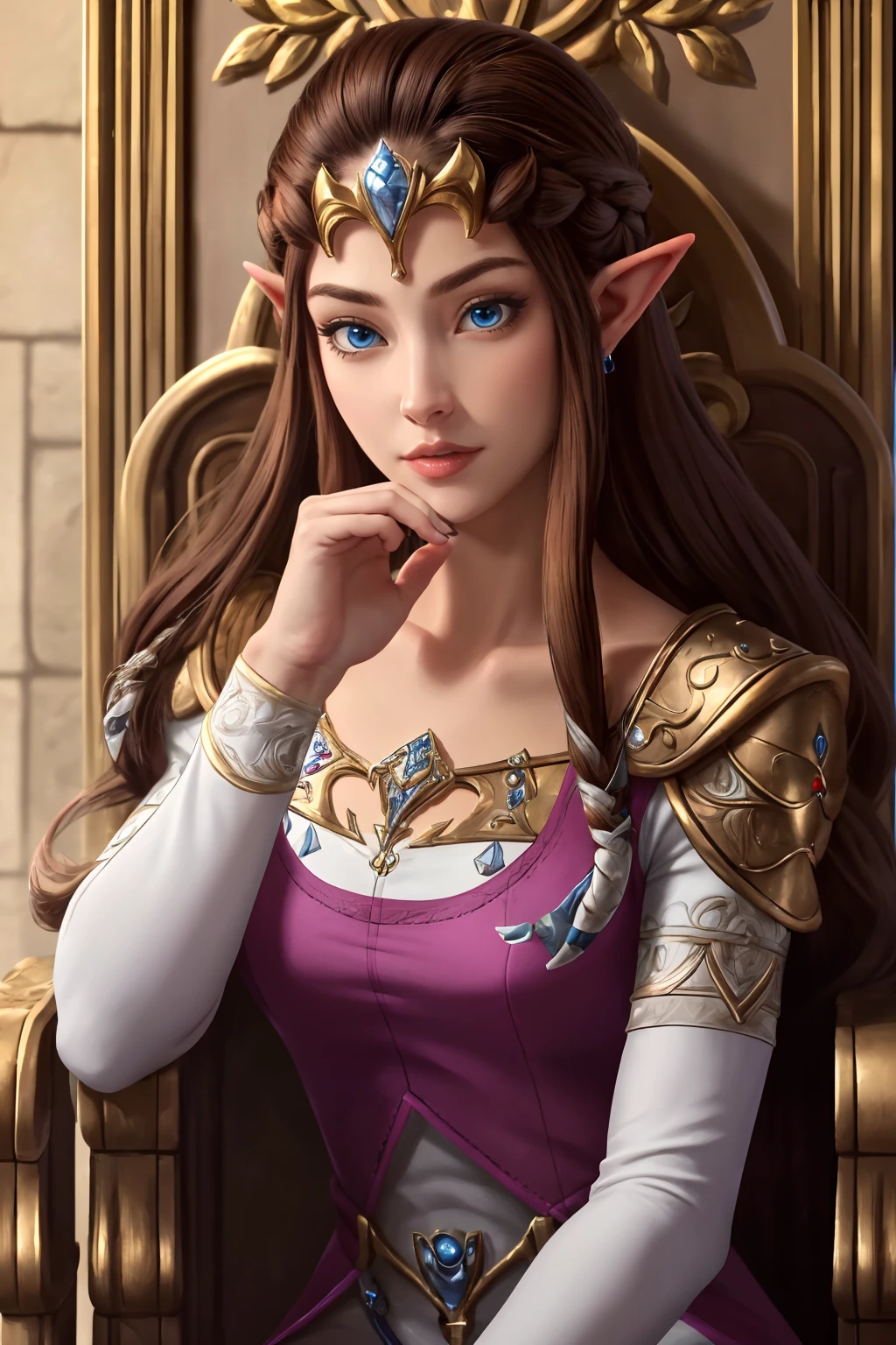 1girl, brown hair, blue eyes, long hair, princess zelda, twpr, nintendo, the legend of zelda, beautiful detailed face, beautiful detailed eyes, castle, throne room, detailed background, sharp details, ((masterpiece)), (best quality), 8k, ultra-detailed, absurdress <lyco:zelda_TP_v1:1>, <lora:owstyle resized:.8>