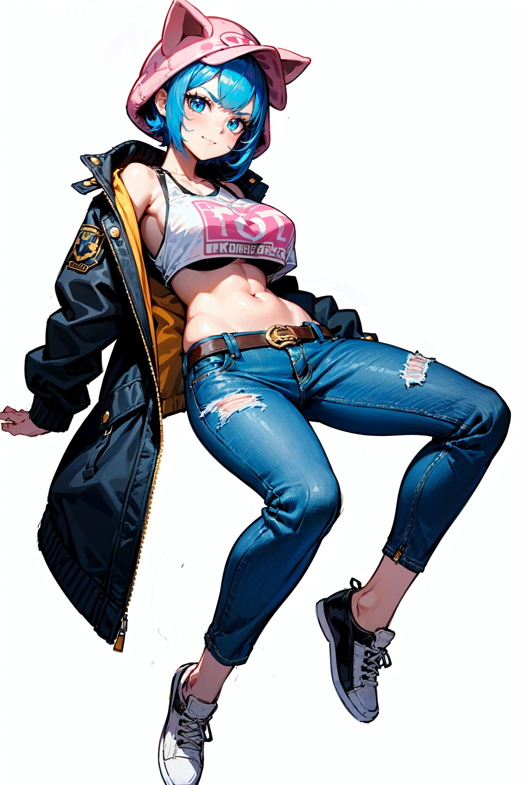 (best quality, masterpiece:1.1), (Intricate detailed:1.2),   full body,     1girl, [angry face|smile face], blue hair, asymmetrical bangs, spiked hair,      (animal ears, pig ears, pig nose), Applejack Hat, Oversized Pop-Art Jacket, Mini Underboob Tee, Slim Waist With Open Cute Navel, Denim Jeans Pants With Buckle Belt, (white background:1.3),