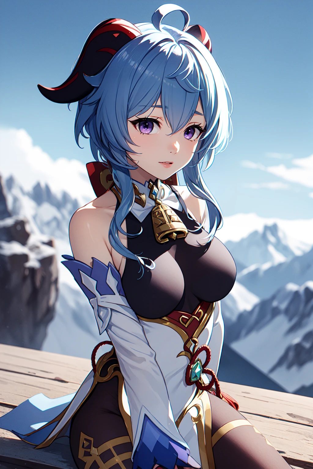 ganyu \(genshin impact\), ganyudef, outdoors, mountains, purple eyes, <lora:ganyu2:1>