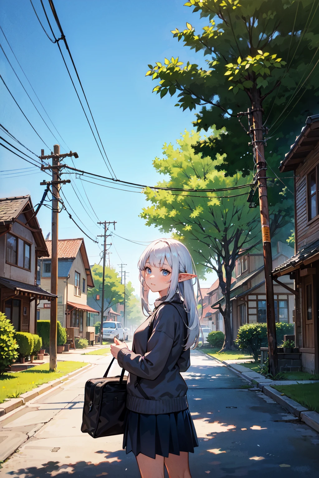 (best quality, masterpiece:1.1), (Intricate detailed:1.2), cowboy shot, (facing up:1.2), 1girl, aroused face, white hair, asymmetrical bangs, flipped hair, dreadlocks, elf, pointy ears, pullover, skirt, shoes BREAK ( outdoors, power lines, house, sky, utility pole, tree, traditional media, plant, blue sky, road, building, bush, grass, (town)) in the background,