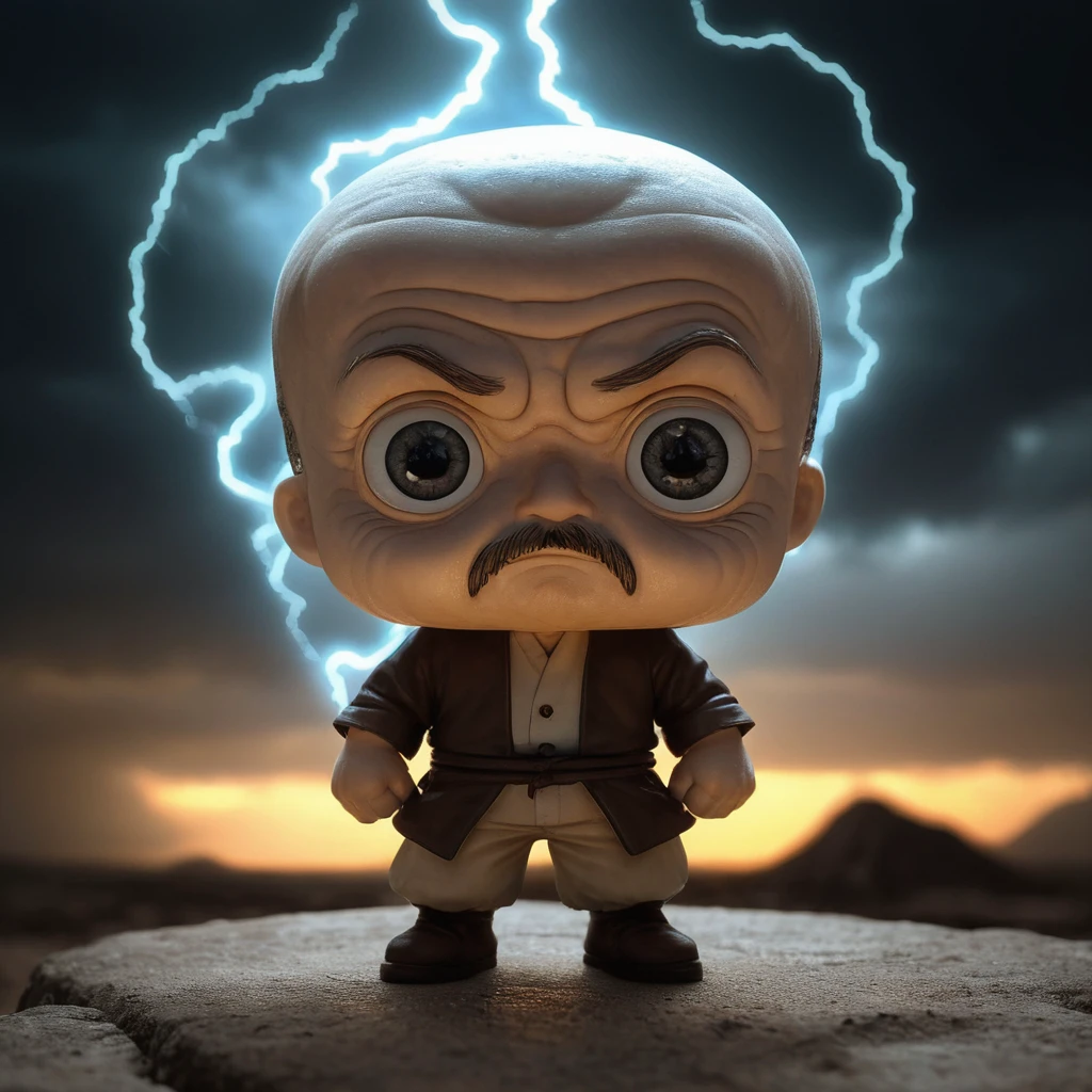 Glowing thin Brazilian [Dagon|Walter White], Shoemaker, Dagon has a Qing Dynasty Gray Sharingan Eyes, Thunderstorm, horizon-centered, Cel shaded, Chibi Anime, Indirect light, F/5, Sepia filter, masterpiece
