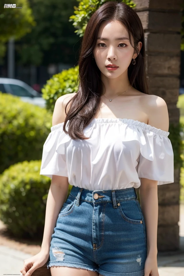 Han Ji-min,solo,long hair,black hair,shirt,shorts,off shoulder,white shirt,denim,black eyes,off-shoulder shirt,short sleeves,1girl,sexy pose,best quality,masterpiece,illustration,an extremely delicate and beautiful,CG,unity,8k wallpaper,Amazing,finely detail,masterpiece,official art,extremely detailed CG unity 8k wallpaper,incredibly absurdres,huge filesize,ultra-detailed,highres,extremely detailed,beautiful detailed girl,realistic,full frontal,outdoors,light contrast,<lora:Han Ji min:0.8>,