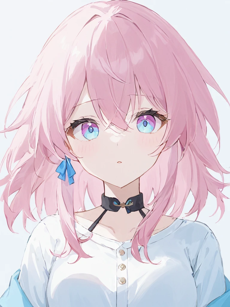 sanyueqi,1girl,solo,pink hair,long sleeves,blue eyes,bangs,shirt,white shirt,hair between eyes,pink eyes,<lora:Marth7x5_xl:1>,