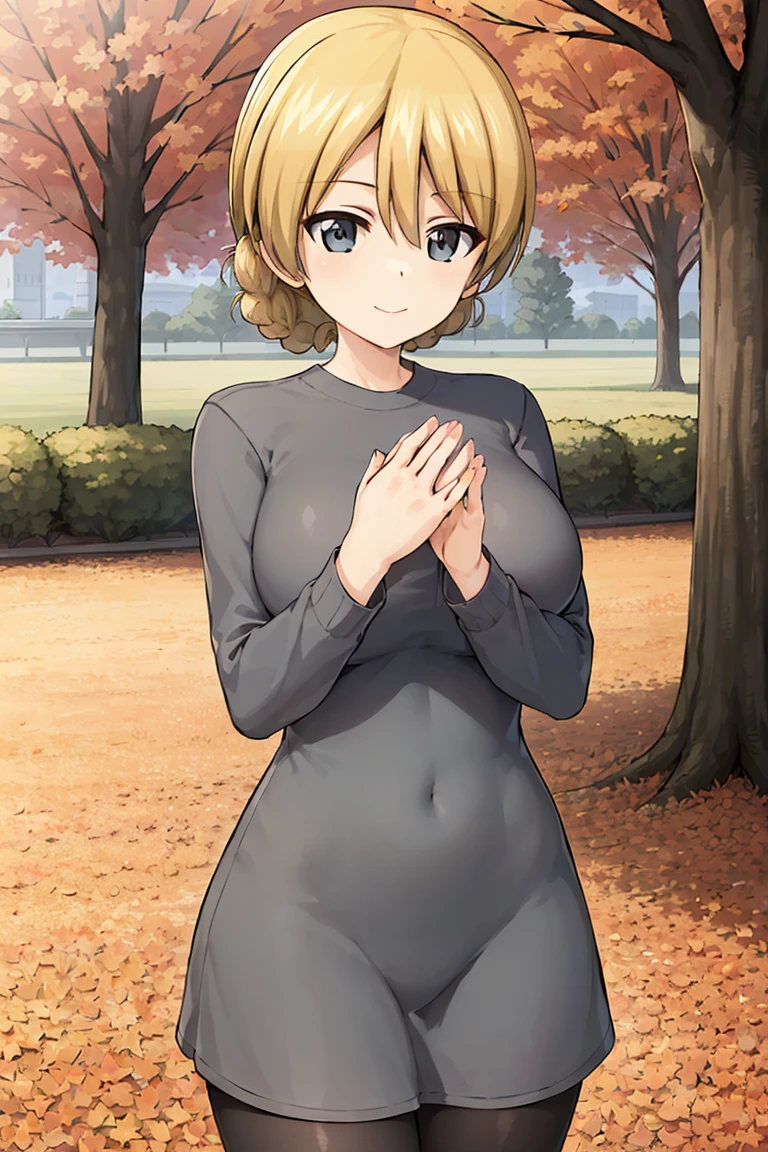 masterpiece, best quality, 1girl, solo, darjeeling \(girls und panzer\), large breasts, looking at viewer, blush, (grey dress), long sleeves,cowboy shot,arms down, own hands together, pose, outdoors, autumn, autumn leaves  <lora:Darjeeling:0.5>