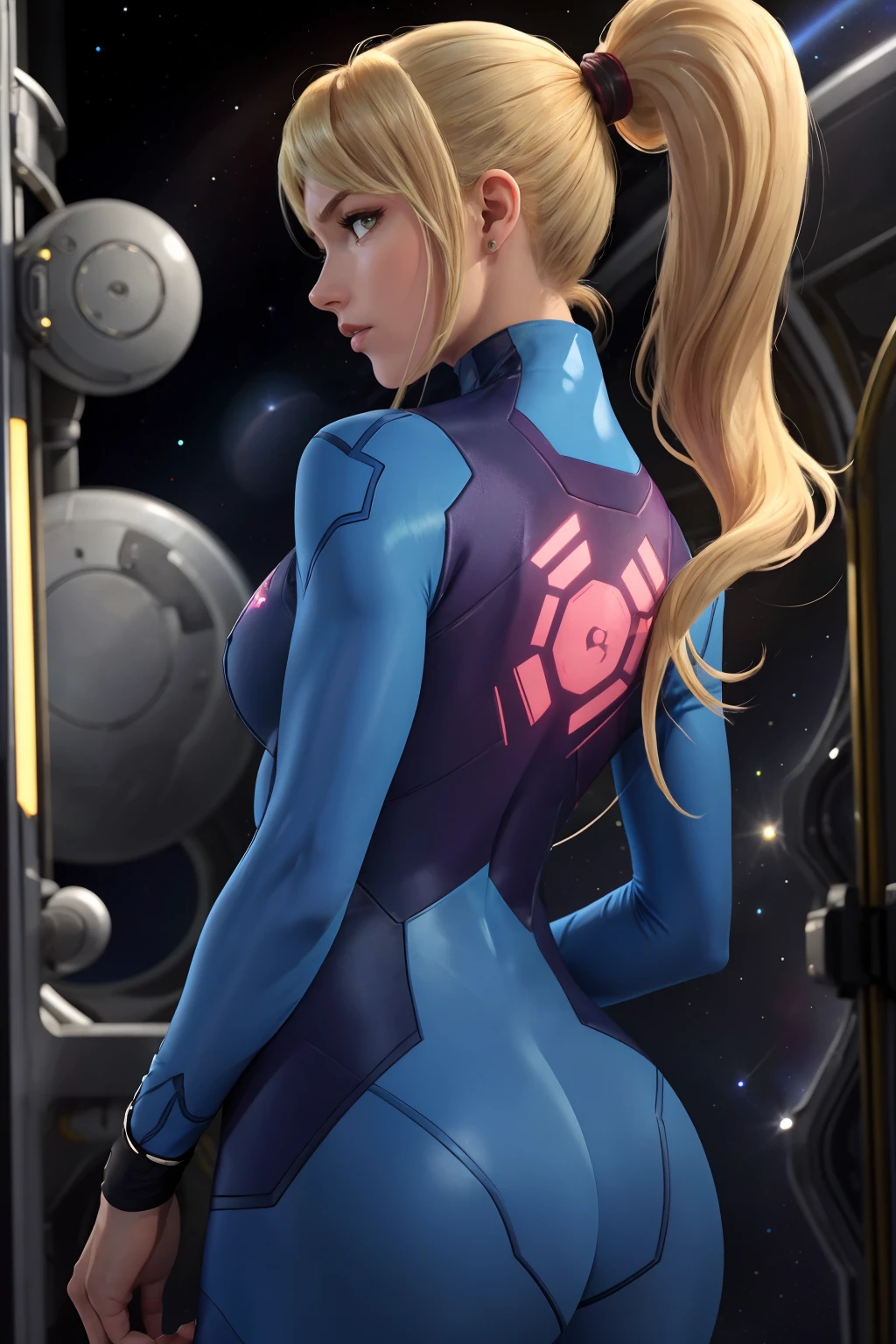 masterpiece, best quality, samus aran, ponytail, blonde hair, hair tie, blue bodysuit, upper body, looking at viewer, furrowed brow, arms at sides, from behind, looking at viewer, space station, space <lyco:samus-nvwls-v1-final:0.9><lora:owstyle resized:.8>