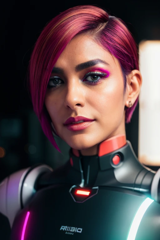 <lora:Mrunal_Thakur-10:0.9>,  (photo of a gorgeous woman), (professional photography), (cyberpunk  background), ((as an ai robot)), ((portrait)), ((short colored hair)), masterpiece, best quality, (eye contact), (looking at the viewer), centred, (shot from front), blurred_background, proportional