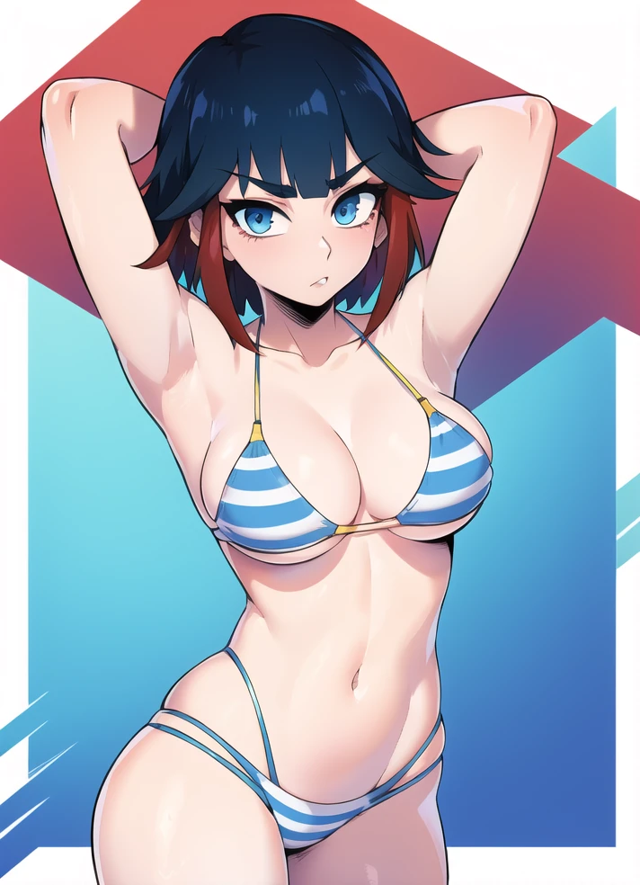 1girl, armpits, arms_behind_head, arms_up, bangs, bikini, blue_eyes, blunt_bangs, breasts, cleavage, gradient, large_breasts, multicolored_hair, navel, solo, striped, striped_bikini, swimsuit, thighs, two-tone_hair, matoi_ryuuko,
<lora:homebrew_dashiart:0.8>, <lora:MatoiRyuukoV3:0.65>