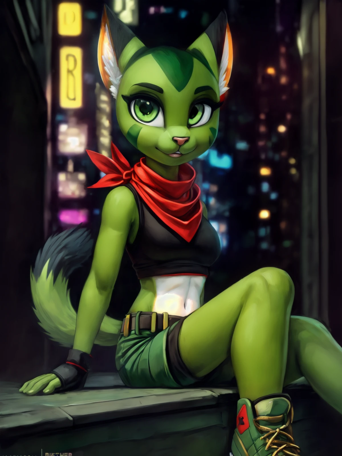 8k.4k,((Best quality, masterpiece, ultra high resolution)),((full body)),sitting,by pixelsketcher, <lora:Carol Tea:1.4>,Carol Tea,gloves, black gloves, furry, belt, furry female, fingerless gloves, ((green shorts)),green eyes, tail, animal ears, shirt, cat tail, body fur, bandana, sleeveless, black shirt, animal nose, cat ears, sleeveless shirt, cat girl, green footwear, shoes, red bandana,navel, midriff,green fur, green skin,cyberpunk city,long shot