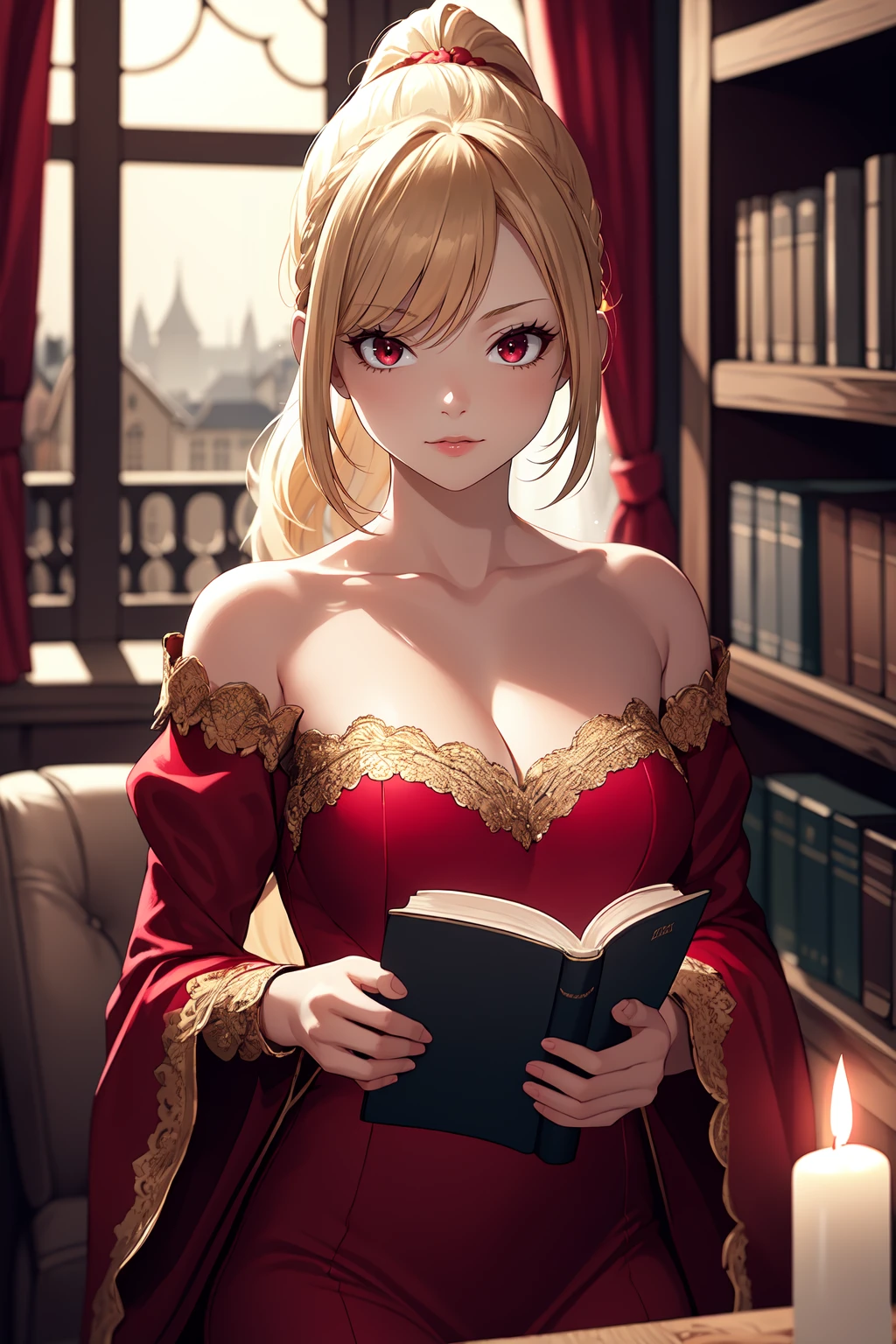 1girl, solo, blonde hair, long hair, high ponytail, hair intakes, red eyes, long eyelashes, thick eyelashes, looking at viewer, red dress, juliet sleeves, long sleeves, collarbone, indoors, library, books, (renaissance, vintage:1.2), dark, night, candlelight, window,