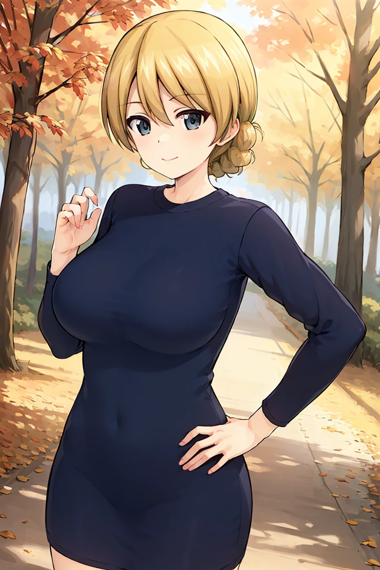 masterpiece, best quality, 1girl, solo, darjeeling \(girls und panzer\), large breasts, looking at viewer, blush, (grey dress), long sleeves,cowboy shot, pose, outdoors, autumn, autumn leaves  <lora:Darjeeling:0.5>