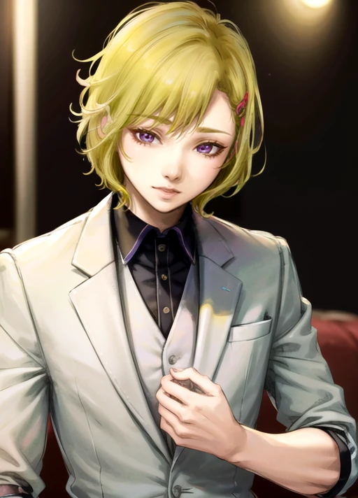 1boy, netsu, short hair, hair ornament, hairclip, blonde hair, red eyes, black formal suit, smile, fit, <lora:Netsu:0.75>, masterpiece, best quality, highres, 4k, ultra-detailed, beautiful detailed face, beautiful detailed eyes