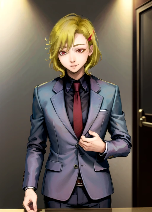 1boy, netsu, short hair, hair ornament, hairclip, blonde hair, red eyes, formal suit, smile, fit, <lora:Netsu:0.75>, masterpiece, best quality, highres, 4k, ultra-detailed, beautiful detailed face, beautiful detailed eyes