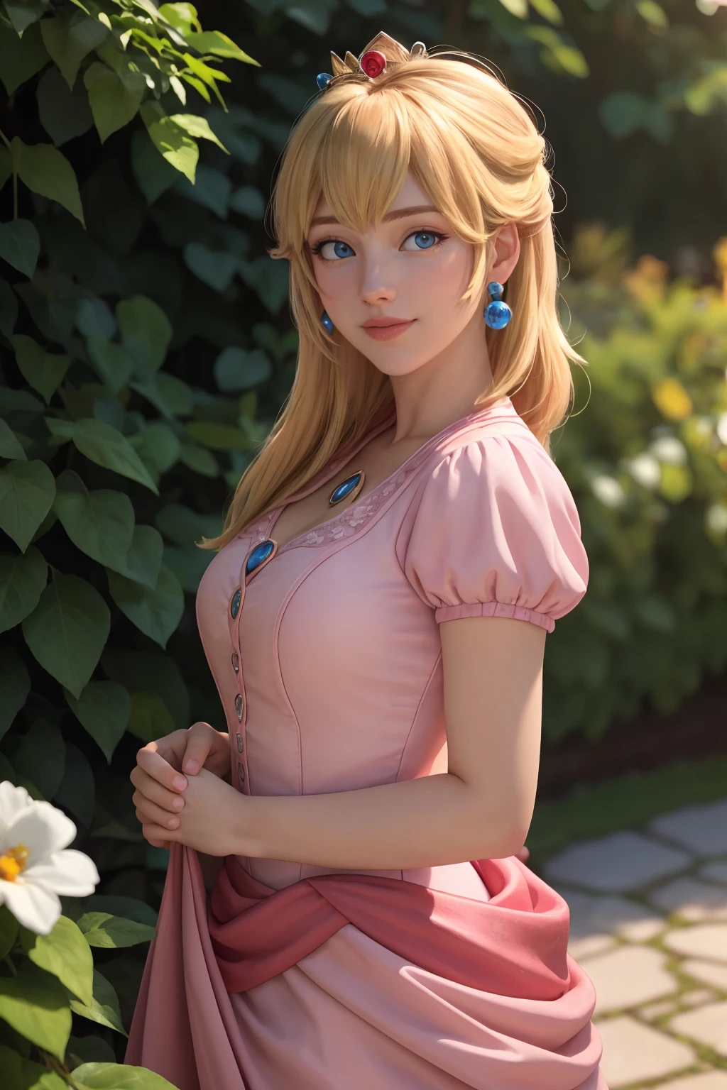 medium shot of 1woman princess peach, blonde hair, pink dress,(eyes looking at viewer:1.0),(smile:0.6),private garden, solo,side lighting,shallow sharp depth of field,(highly detailed),photorealistic, (Masterpiece), (HDR), (8k wallpaper), <lyco:ppeach-000018:1> <lora:owstyle resized:1>