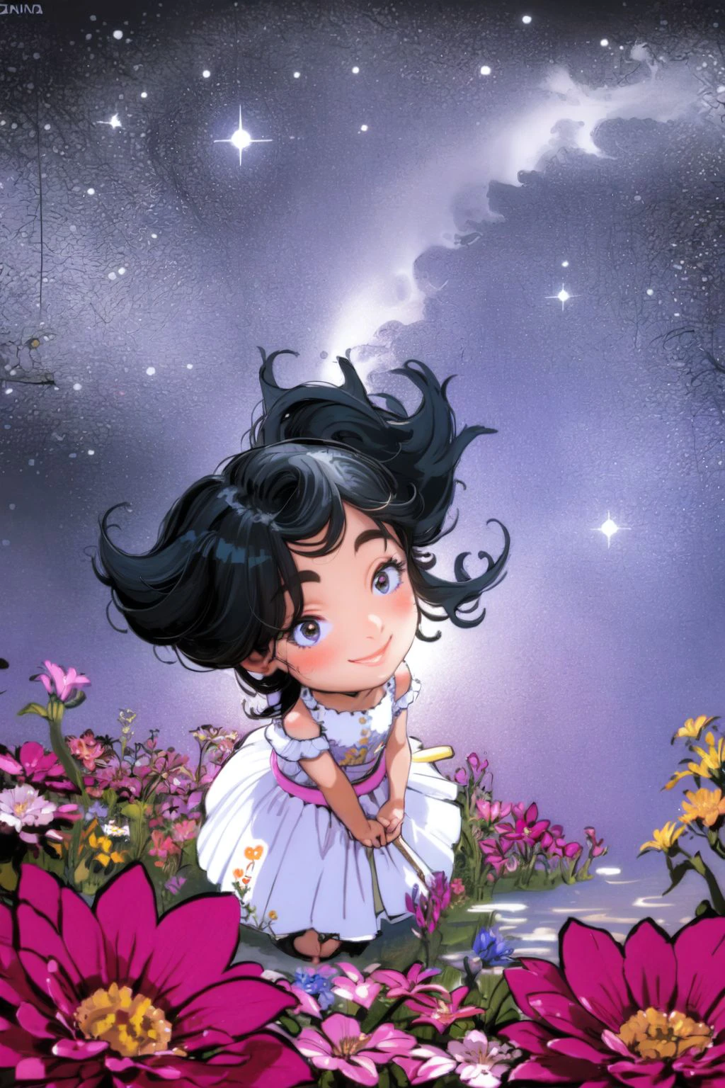 solo, 1girl, looking up, smile, night, Zinna \(flower\), floral background <lora:nursery_rhymes_style_v02.08:1>