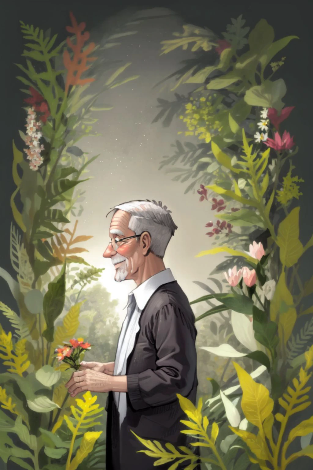 solo, old man, looking to the side, smile, night, Lace_fern \(flower\), floral background <lora:nursery_rhymes_style_v02.08:1>