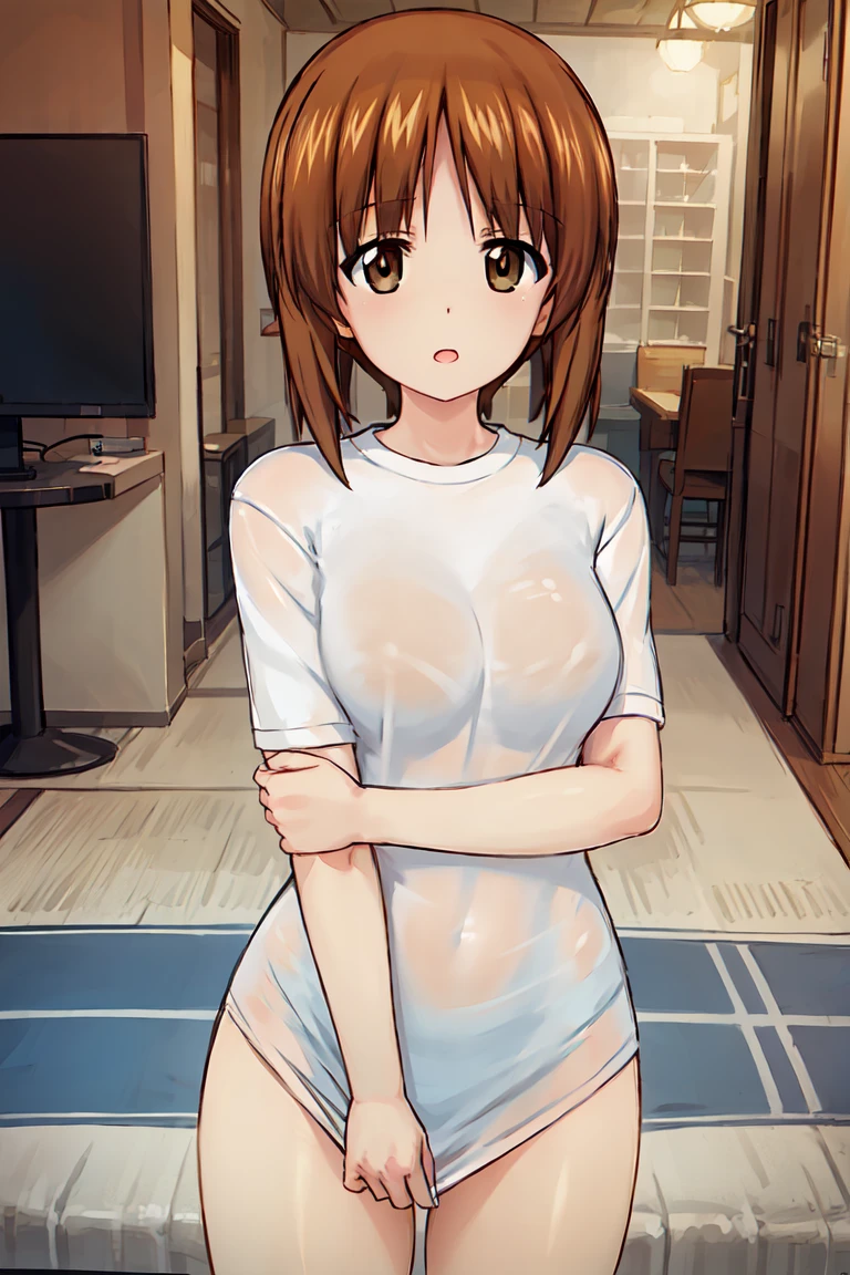 masterpiece, best quality,1girl, solo, nishizumi miho \(girls und panzer\), medium breasts, looking at viewer, blush, :o,see-through shirt, naked shirt, shirt tug, room scenery, furniture <lora:Nishizumi Miho:0.5> <lora:shirt_tug:1>