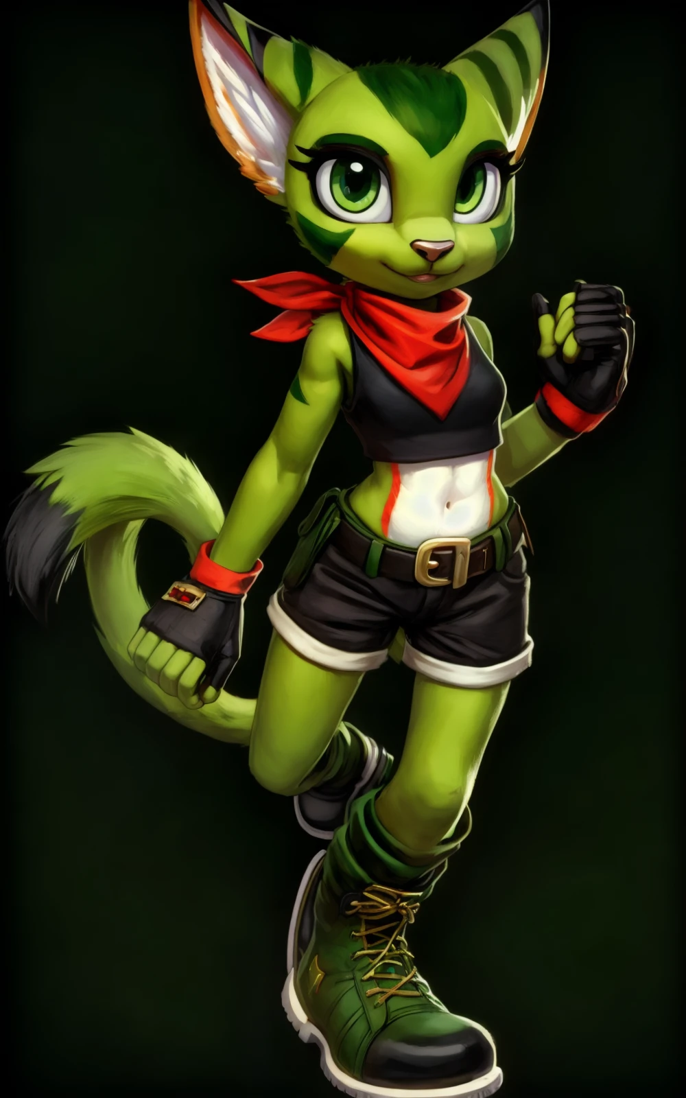 8k.4k,((Best quality, masterpiece, ultra high resolution)),((full body)),standing,by pixelsketcher, <lora:Carol Tea:1.3>,Carol Tea,gloves, black gloves, furry, belt, furry female, fingerless gloves, green shorts,green eyes, tail, animal ears, shirt, shorts, cat tail, body fur, bandana, sleeveless, black shirt, animal nose, cat ears, boots, sleeveless shirt, cat girl, green footwear, shoes, red bandana,navel, midriff,green fur, green skin
