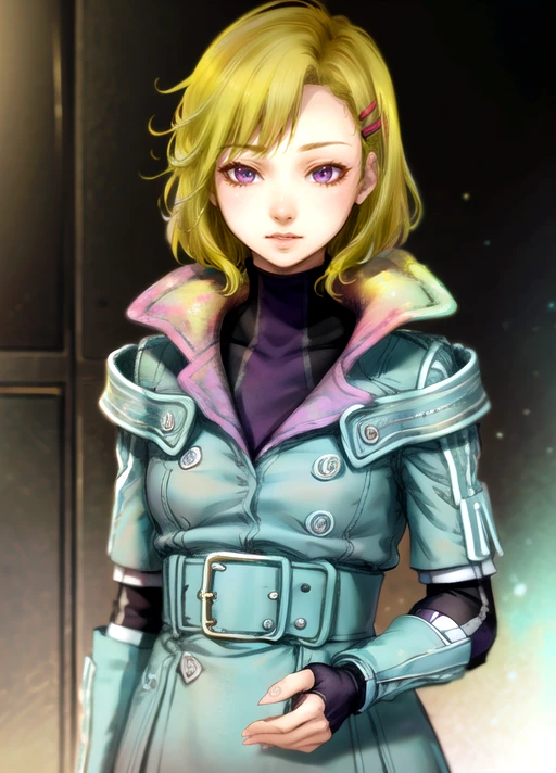 <lora:Netsu:0.75> netsu, short hair, hair ornament, hairclip, blonde hair, jacket, , turtleneck, fingerless gloves, gloves, masterpiece, best quality, highres, 4k, ultra-detailed, beautiful detailed face, beautiful detailed eyes