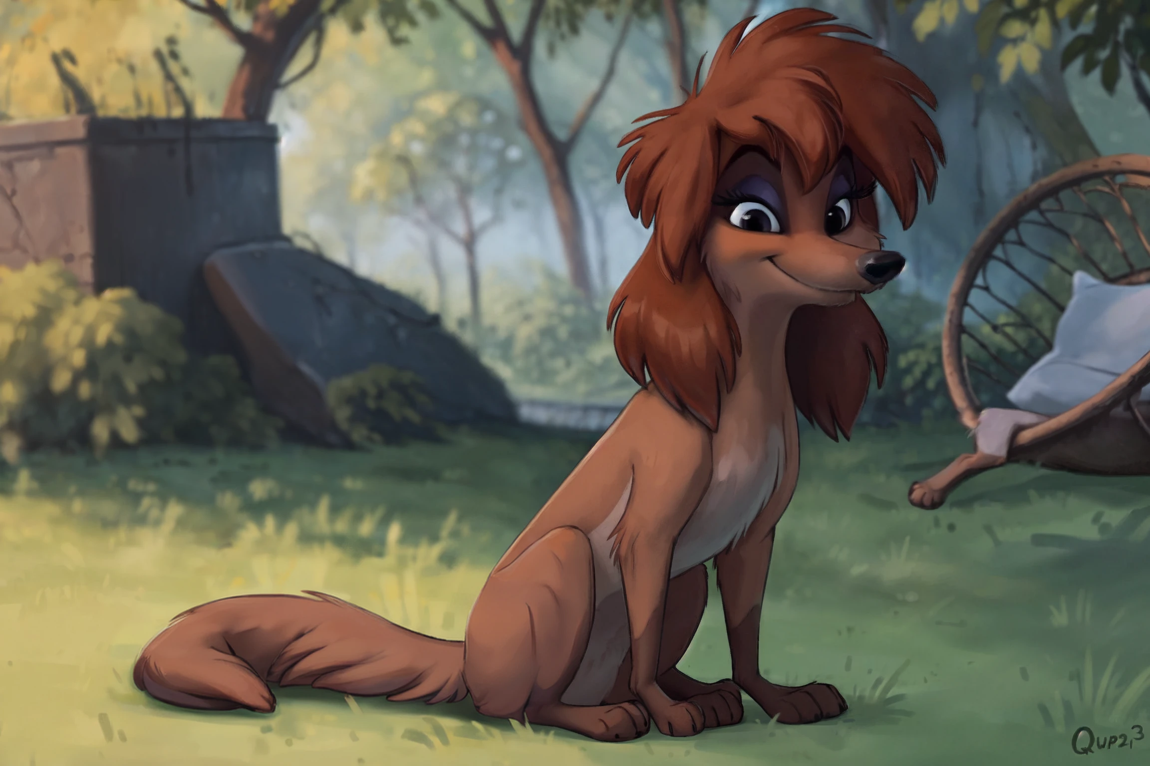 (by qupostuv35:1.0), (by siroc:0.8), ((looks at the camera)), smile, lies, hair,
female, (Detailed face), (solo, feral:1.1), (rita (disney)), (more details, detailed background:1.1), lush eyelashes, sitting on the grass, skinny, dog body
<lora:Rita_V1:0.7> <lora:Hyilpi_style_V1.0:0.3>