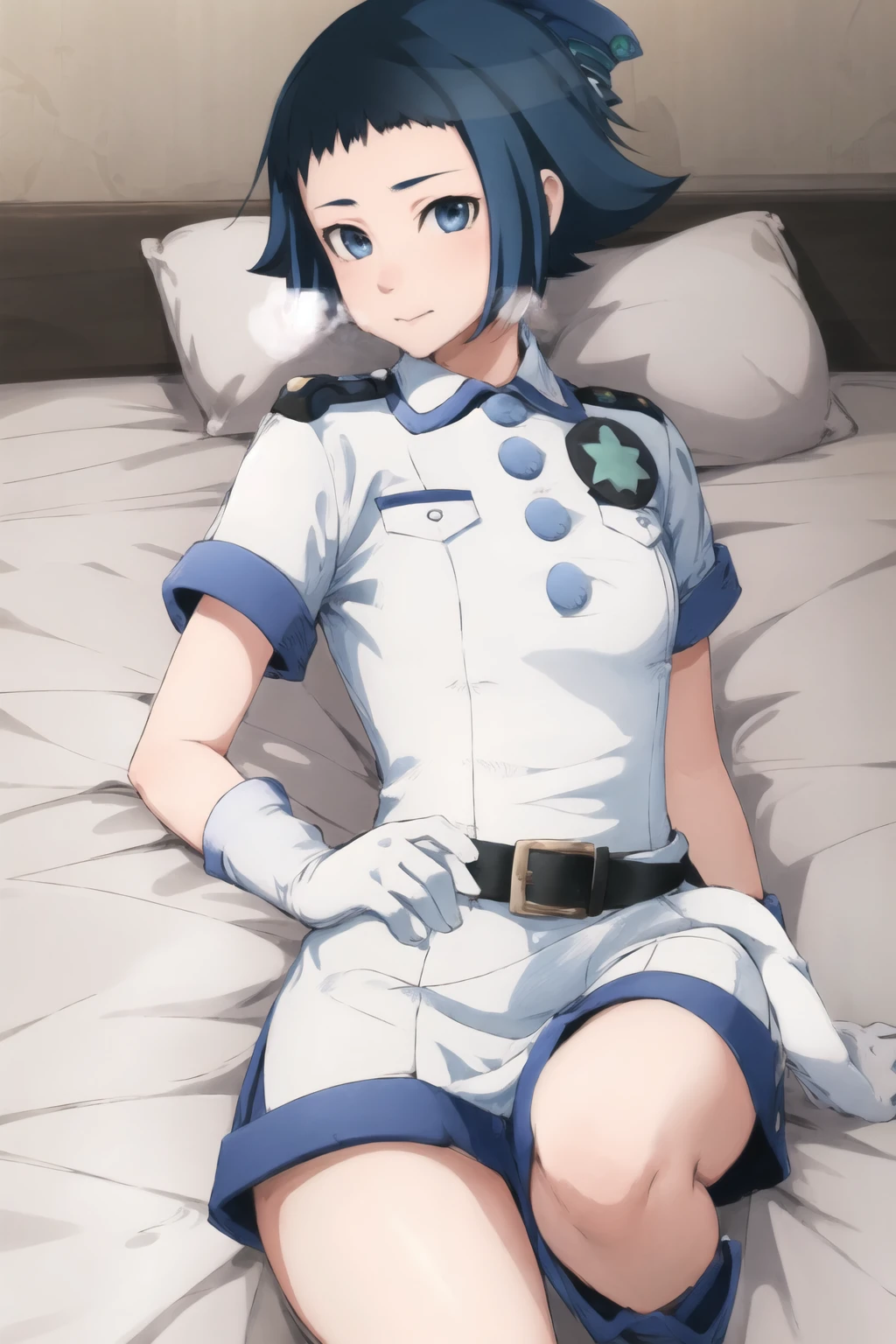 masterpiece, best quality, ultra-detailed, Sawai Riko, short hair, blue hair, blue eyes, white shirt, uniform, 3 blue buttons, police hat, white gloves, black belt, lying on bed, white shorts