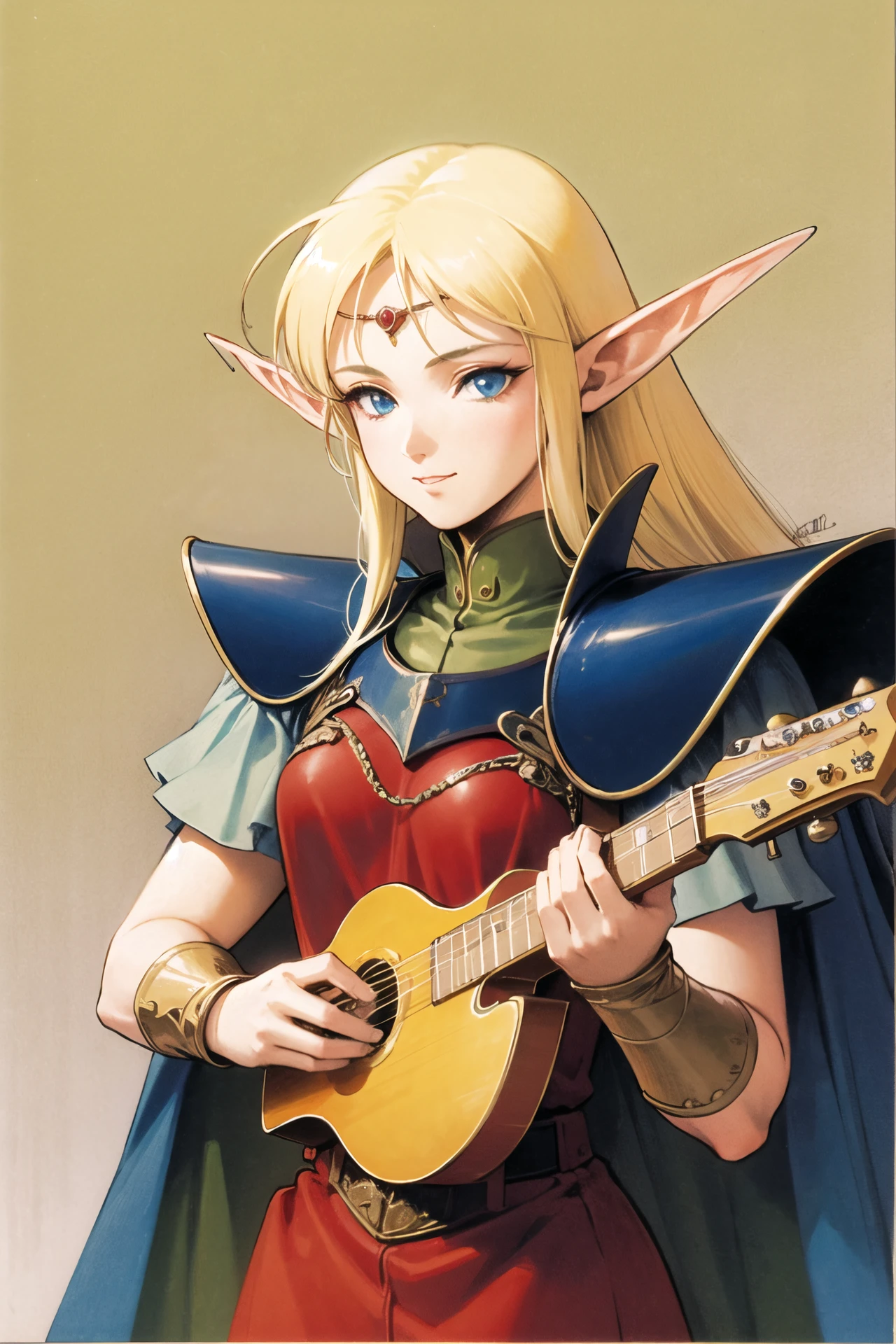 1girl, Deedlit, pointy ears, blonde hair, solo, armor, long hair, cape, retro artstyle, elf, circlet, blue eyes, bracer, traditional media, instrument, dress, <lora:Deedlit:0.9>