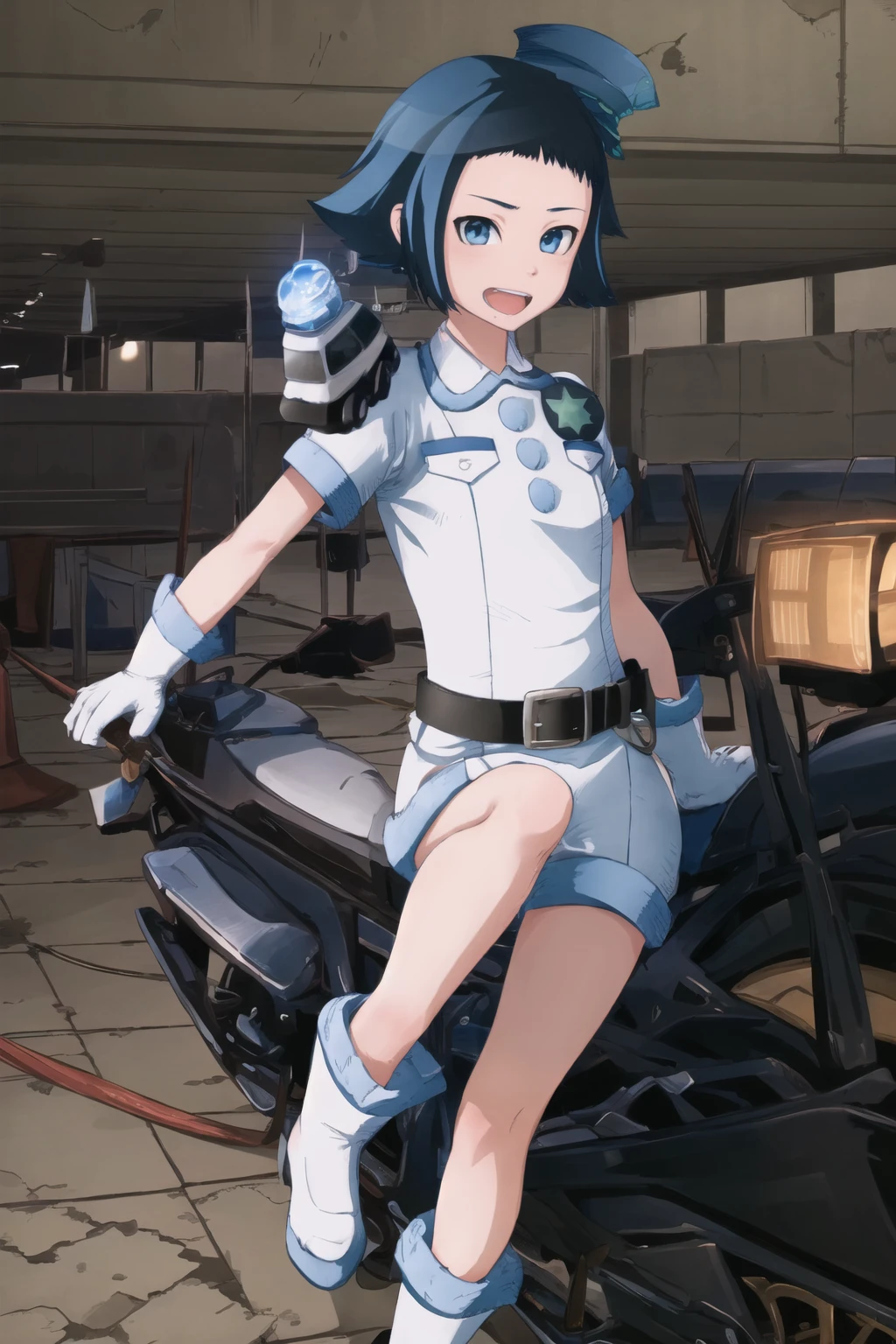 masterpiece, best quality, ultra-detailed, Sawai Riko, short hair, blue hair, blue eyes, white shirt, uniform, 3 blue buttons, police hat, white gloves, black belt, white shorts, white boots, police light bar, police star