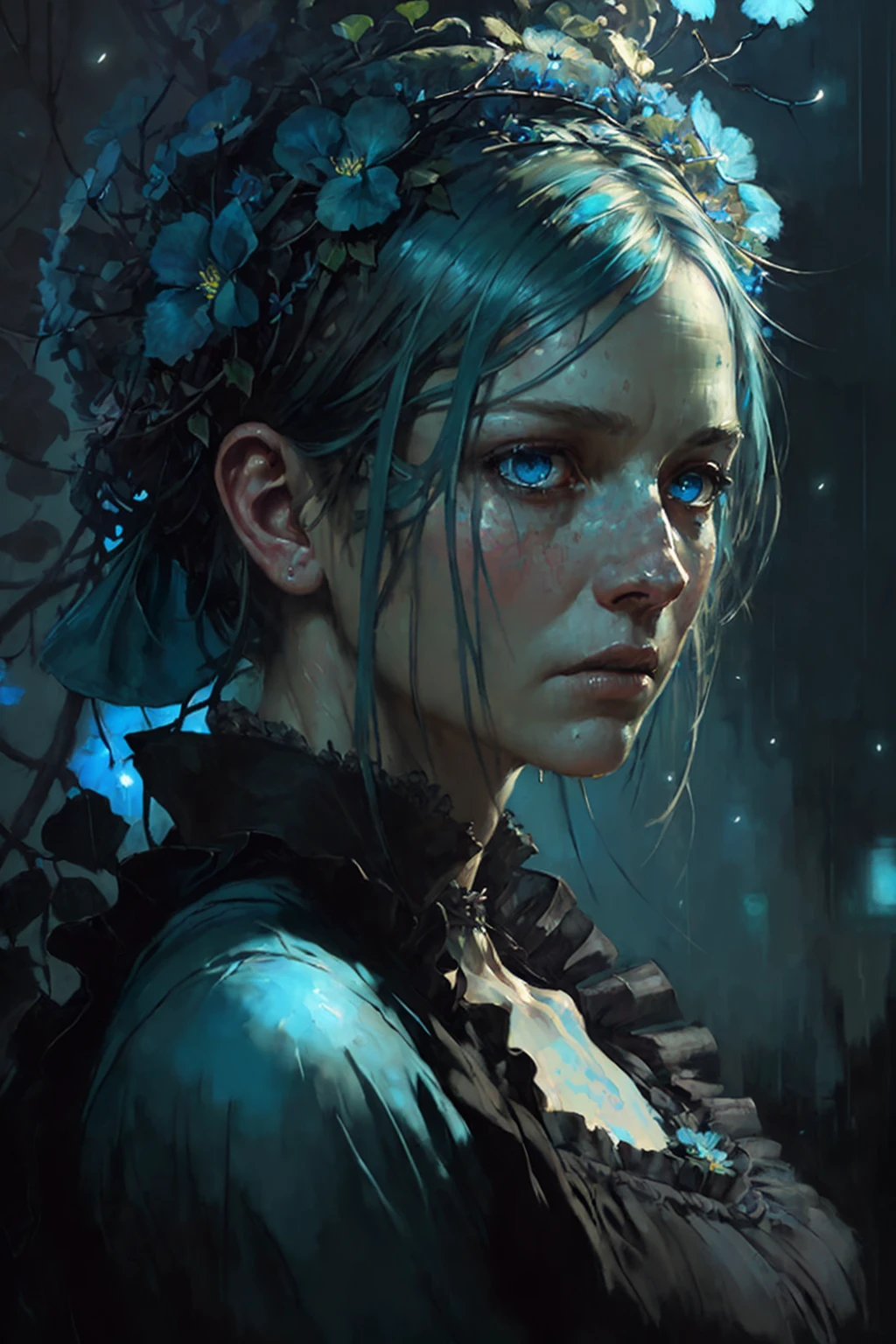 by Jeremy Mann, photorealistic, (male features), (colorful), Post-Production, Intricate, (radiosity), blue eyes, (highest quality), a colossal cyan raintree, gloomy, a closeup portrait of a [pensive|sorrowful] maid, a flowery wreath on her head, fireflies