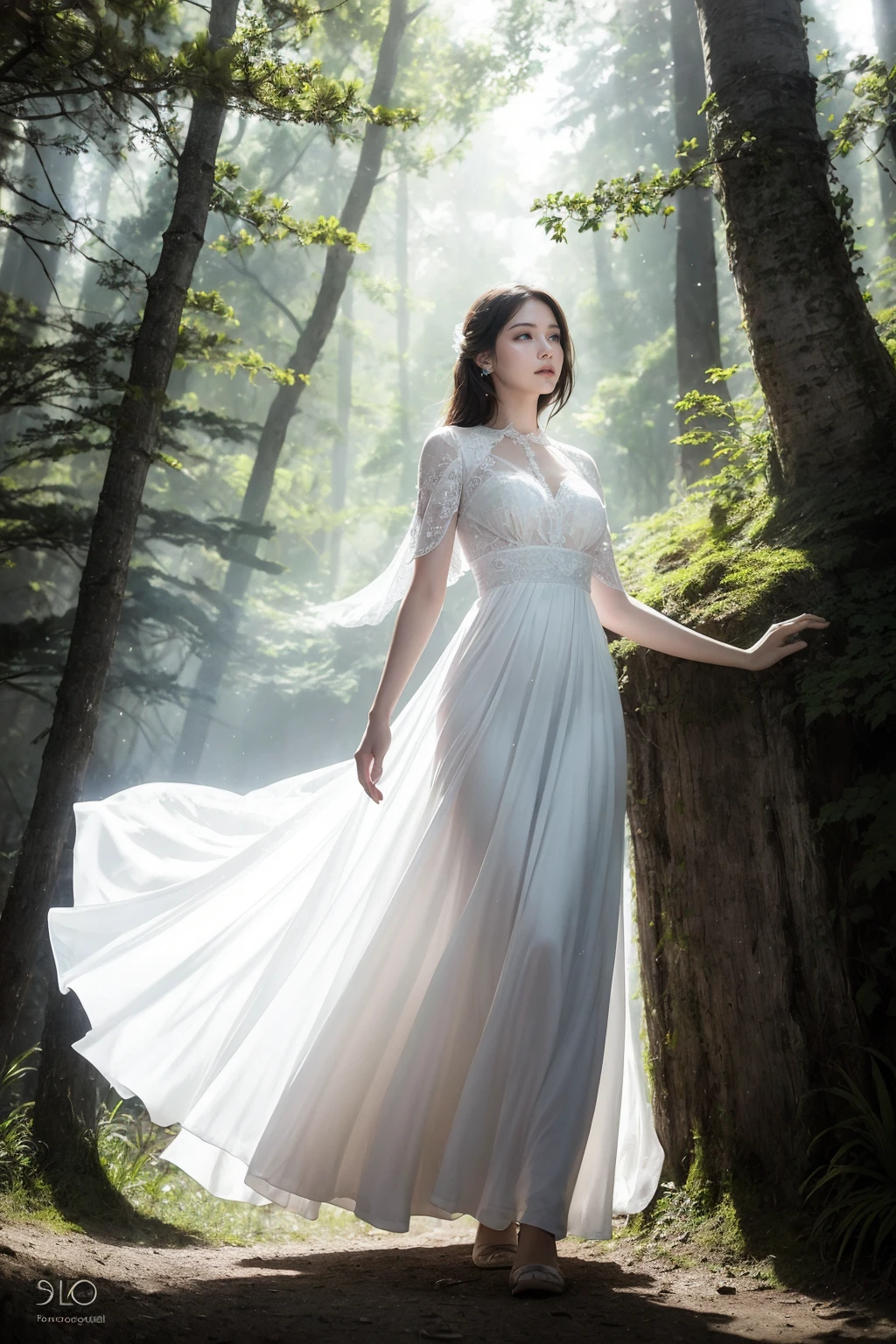 (photorealistic:1.2), woman
BREAK
dynamic angle, uplight,  magical effect, goddess, white dress, in the forest
