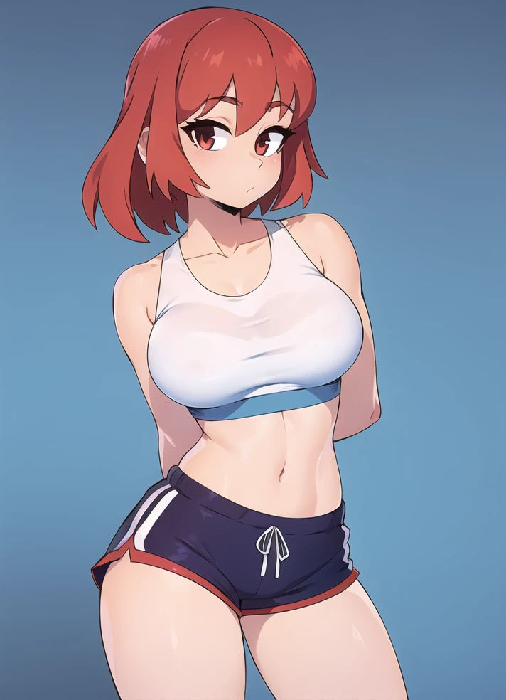girl, standing, sports bra, side stripe shorts, large_breasts, red_hair, shiny_skin, arms_behind_back, solo, simple_background, looking_at_viewer,
from_front, straight_on,
<lora:homebrew_dashiart:0.8>, <lora:homebrew_bocchi_kita:0.3>