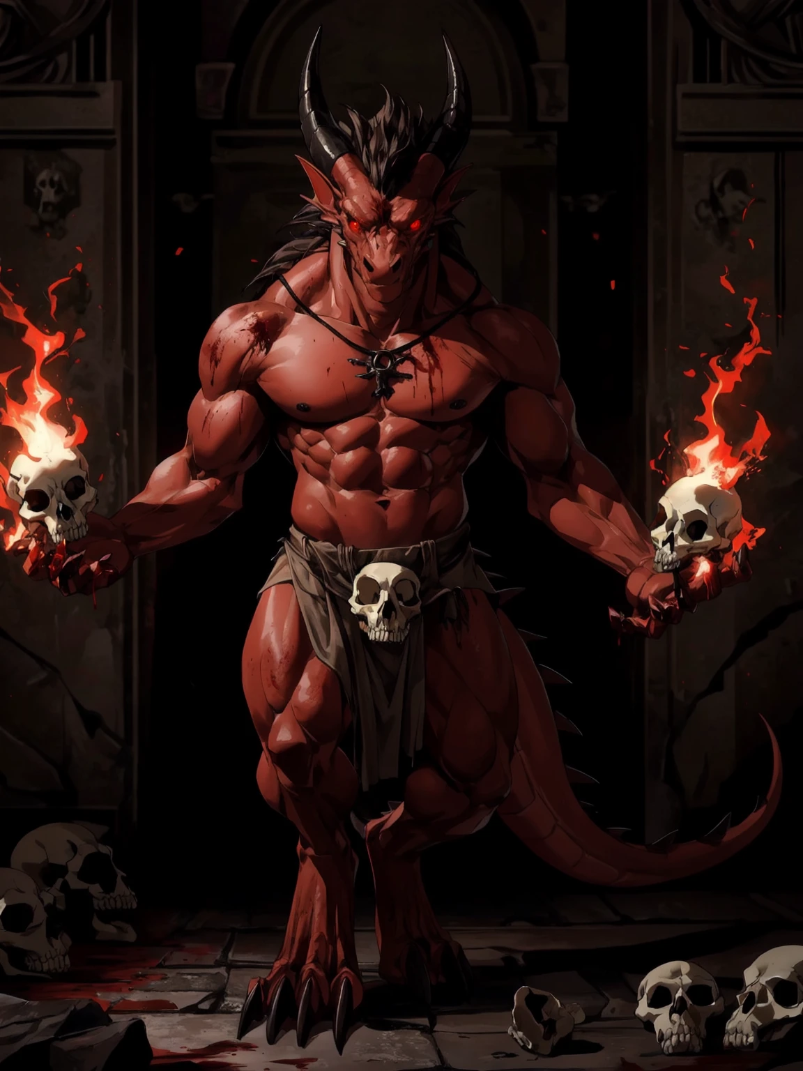 masterpiece, best quality, hi res, furry, anthro, (dragon), red body, red eyes, horns, tail, horror core, red theme, dark, (bones), blood, fire, (skulls), glowing eyes, solo, 1 boy, masterpiece, best quality, extremely detailed, expressive, epic setting, very detailed, darkness, photography, hyper realistic, moody, intricate detail, depth of field, bokeh, muscular, digitigrade, wingless, loincloth, 1 tail, cult