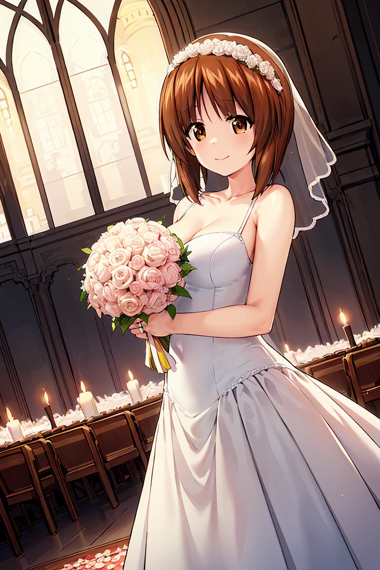 (masterpiece, best quality),1girl, solo,dutch angle, nishizumi miho \(girls und panzer\), curvy, blush, happy, closed mouth, blush, (wedding dress:1.3), collarbone,standing, church scenery <lora:Nishizumi Miho:0.6>