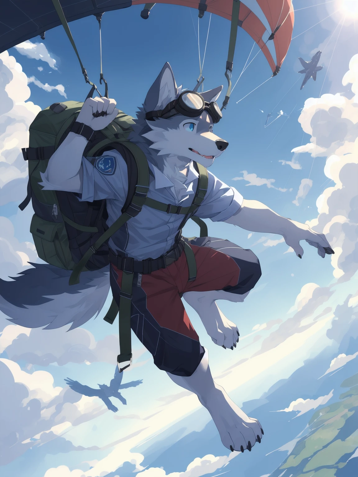 masterpiece, best quality, furry, wolf, solo, parachute, backpack, expansion, goggles, folded ears, dynamic angle, midair, sky, cloud, detailed background, blue sky, sunlight, (bird:0.5)