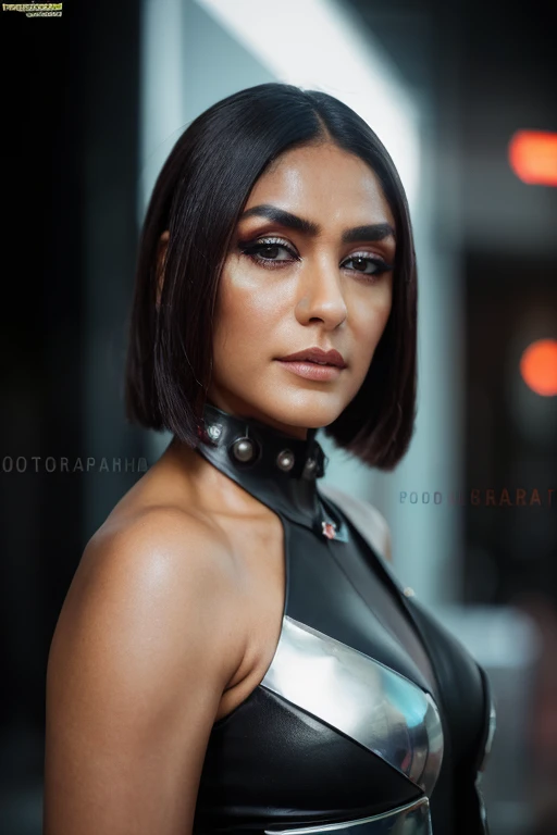 <lora:Mrunal_Thakur-10:0.9>, (photo of a gorgeous woman), (professional photography), (cyberpunk background), ((as a futuristic warrior woman)), ((portrait)), ((stylish modern hair)), masterpiece, best quality, (eye contact), (looking at the viewer), centred, (shot from front), blurred_background, proportional